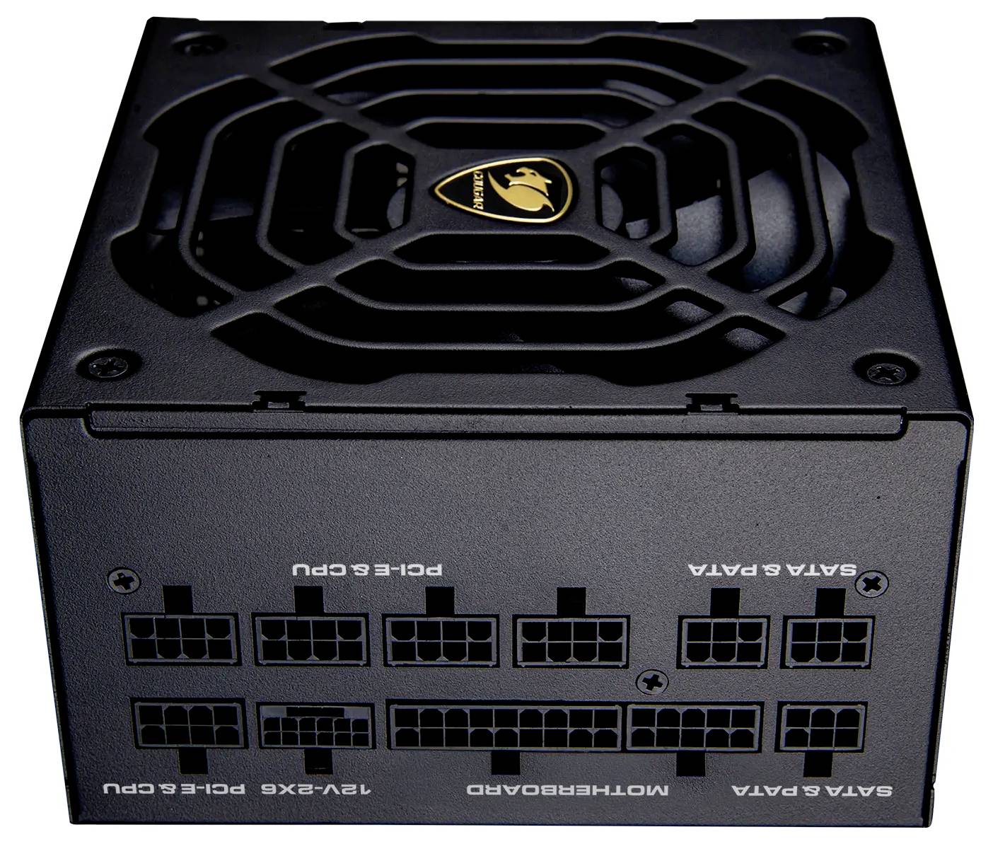 Eine schwarze Computer-Netzteileinheit mit mehreren Anschlüssen, die als 