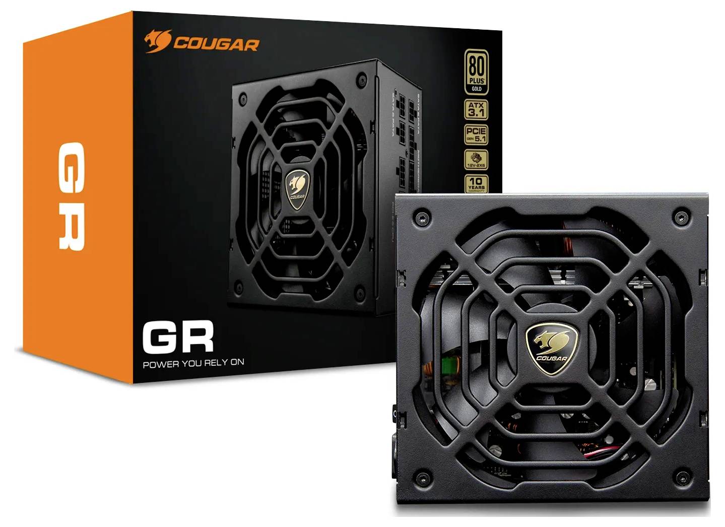 Cougar GR Netzteil mit schwarzem Gehäuse mit Lüftergitter, positioniert neben seiner orange-schwarzen Verpackung mit der Aufschrift 