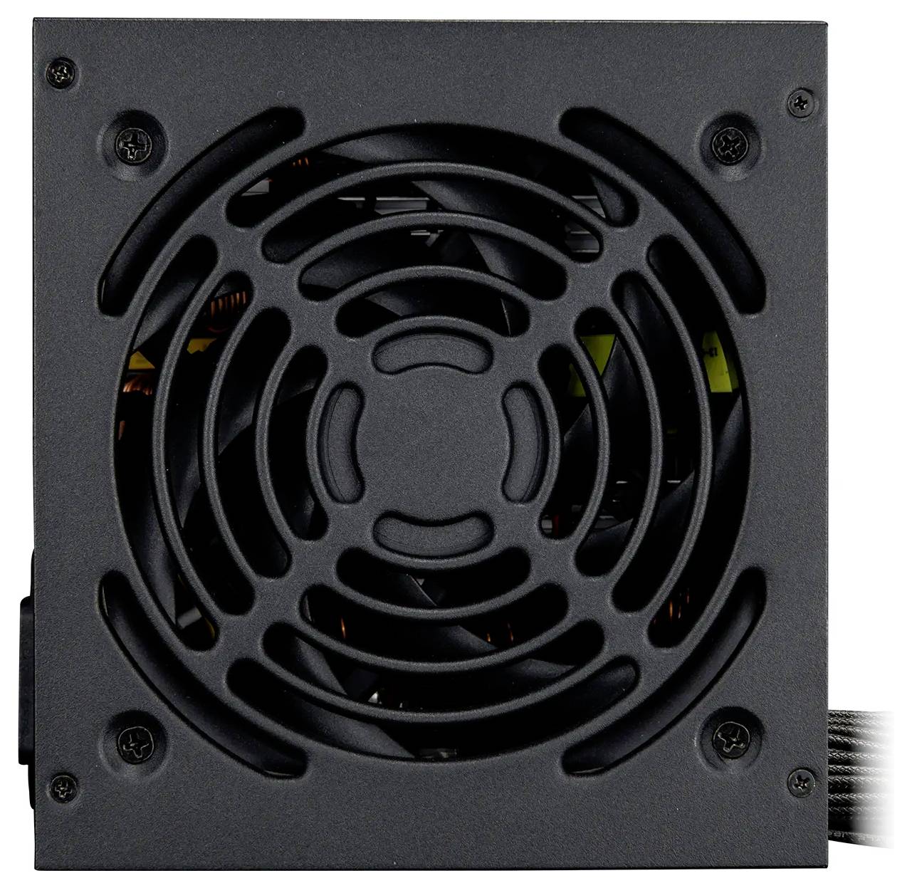 Eine Computernetzteileinheit mit einem sichtbaren Kühlventilator. Das Metallgehäuse ist dunkel und verfügt über ein gitterartiges Design, das Luftzirkulation zum internen Ventilator ermöglicht.