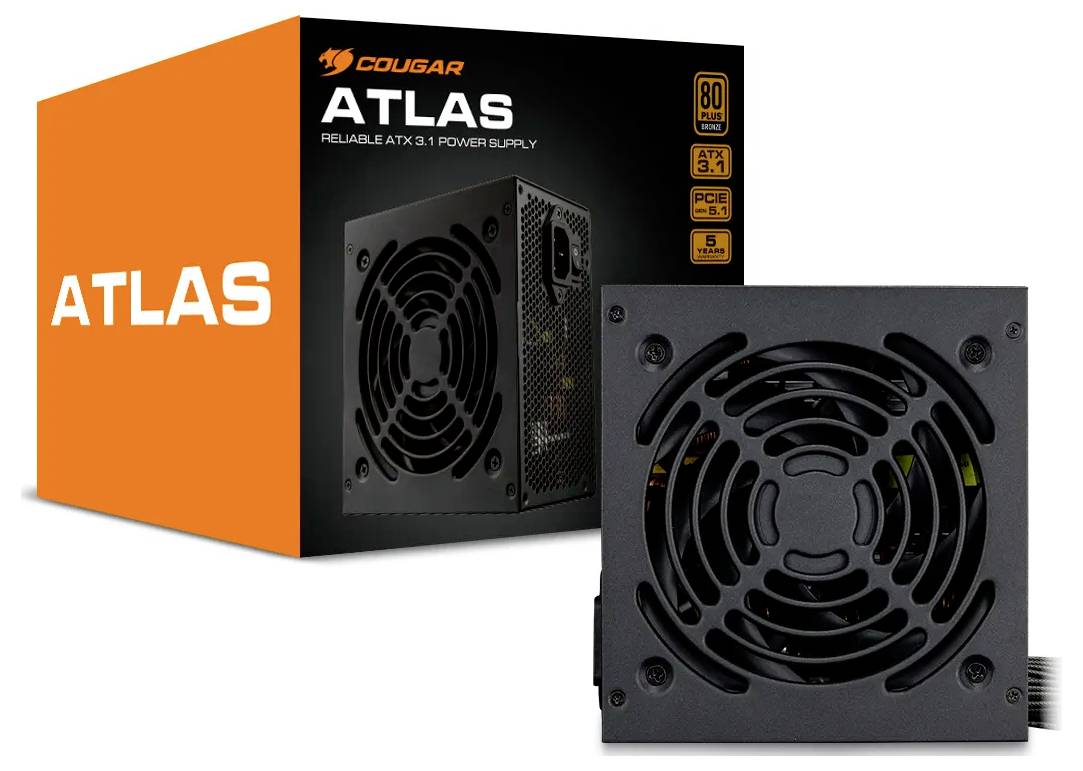 Netzteilbox 'COUGAR ATLAS' mit Etiketten: 80 Plus Bronze Effizienz, ATX 3.0 und 5 Jahre Garantie. Schwarze Netzteillösung abgebildet.