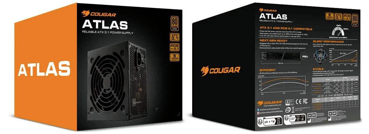 Verpackungsbox des 'COUGAR ATLAS' ATX-Netzteils mit Produktabbildung, wichtigen technischen Spezifikationen, 80 Plus Bronze-Zertifizierung und Leistungsdiagrammen.