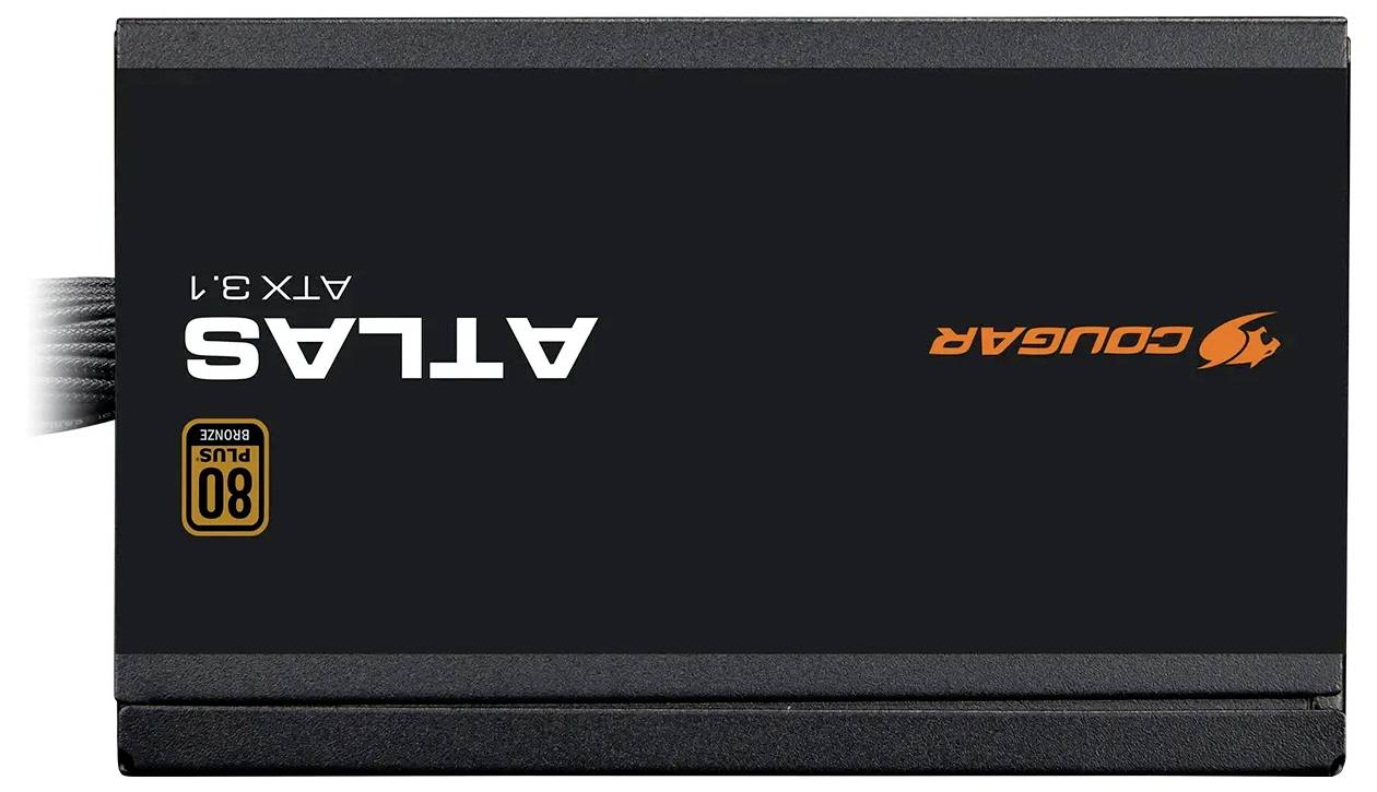 Ein schwarzes rechteckiges Netzteil mit der Aufschrift 'ATLAS ATX 3.1', einem orangefarbenen Cougar-Logo und einem '80 PLUS BRONZE'-Aufkleber.