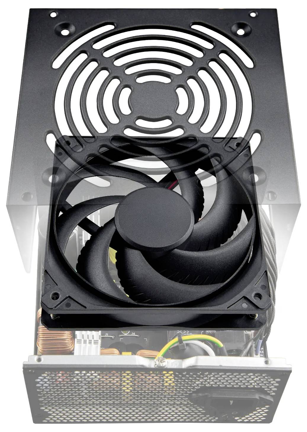 Computernetzgerät mit angeschlossenem Kühlventilator, das seine Innenkomponenten präsentiert.