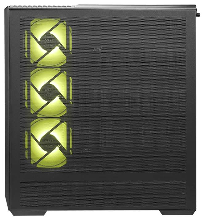 Ein schwarzes Computergehäuse mit einem Mesh-Seitenpanel, das drei vertikal angeordnete, leuchtend grüne Kühlventilatoren zeigt.