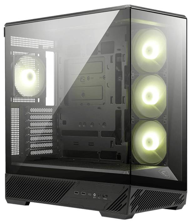 Ein Computergehäuse mit transparentem Glasfenster, das das leere Innendesign zeigt und vier beleuchtete Kühlventilatoren auf der rechten Seite präsentiert.