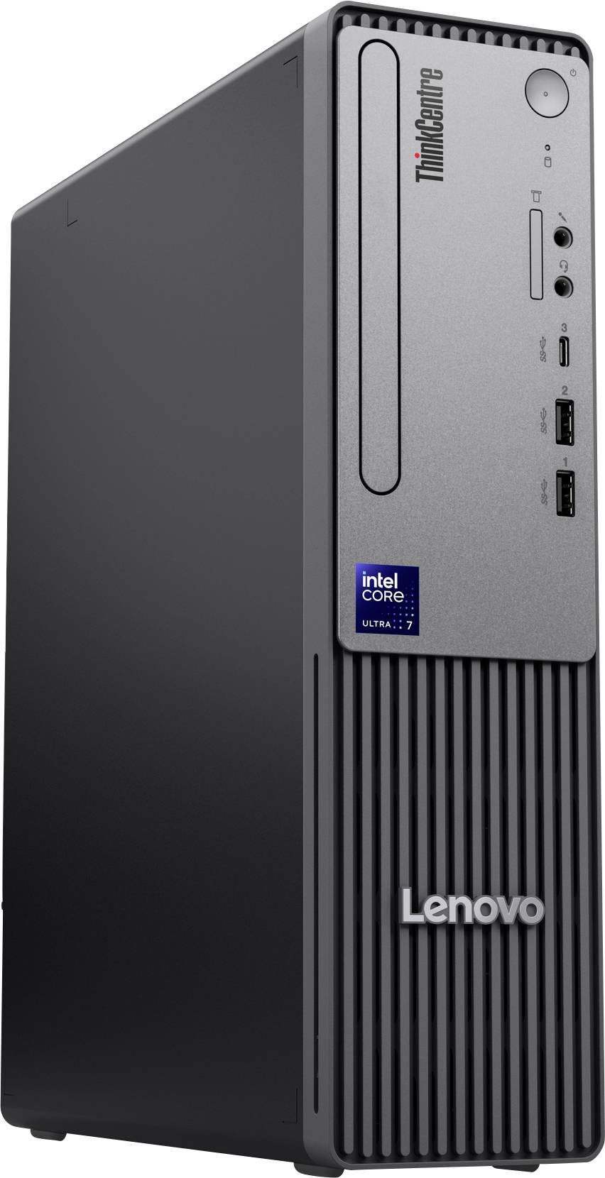 Ein schwarzer Lenovo ThinkCentre Desktop-Tower mit einem Intel Core i5-Aufkleber und nach vorne gerichteten Anschlüssen, einschließlich USB und Audio-Eingängen.