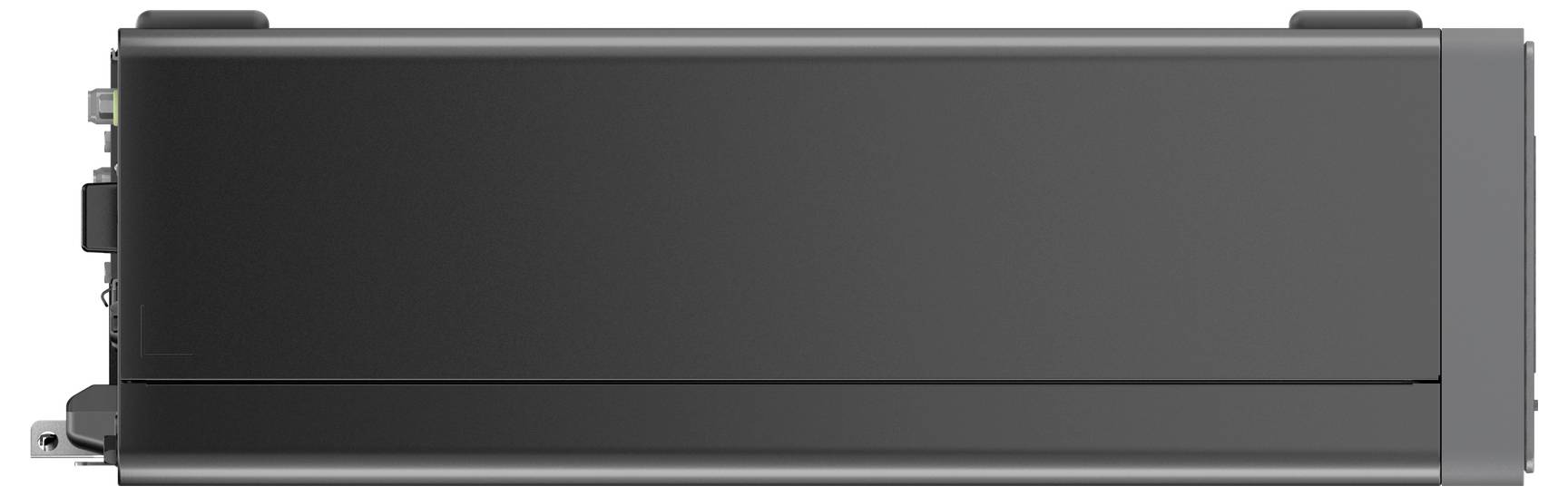 Eine schwarze Tonerkartusche, die für bestimmte Druckermodelle entwickelt wurde, aus Seitenansicht mit sichtbaren Anschlusspunkten und Verriegelungen.