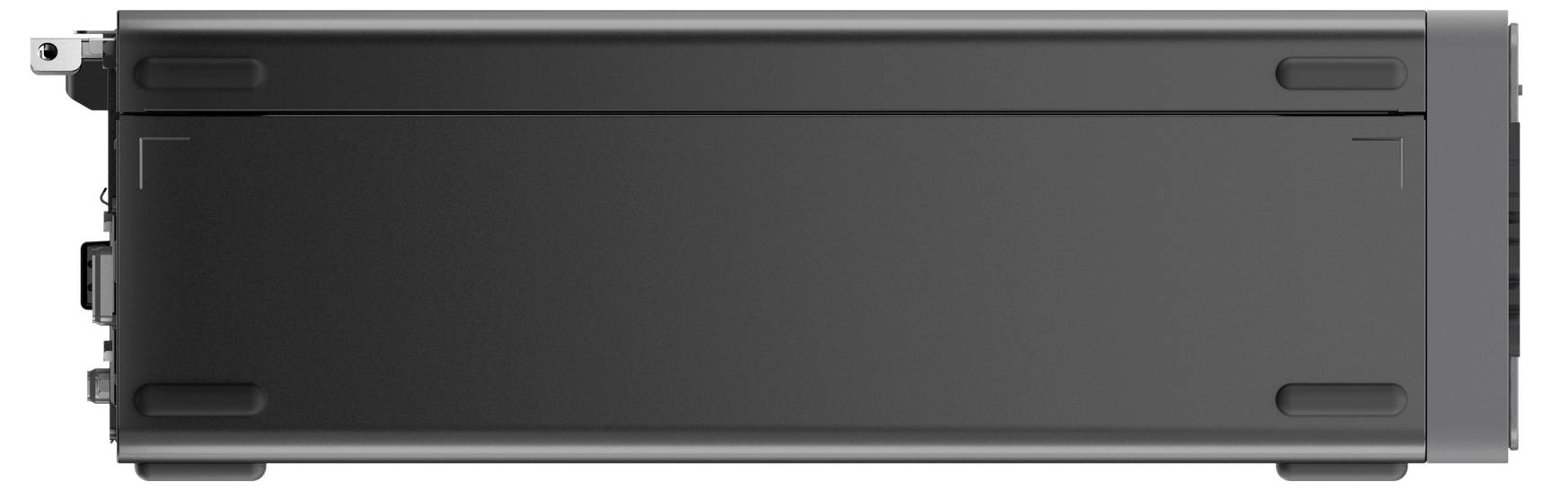Ein schwarzes elektronisches Gerät mit mehreren Anschlüssen an der Seite, möglicherweise ein Netzwerk-Switch oder Router, von der Seite dargestellt.