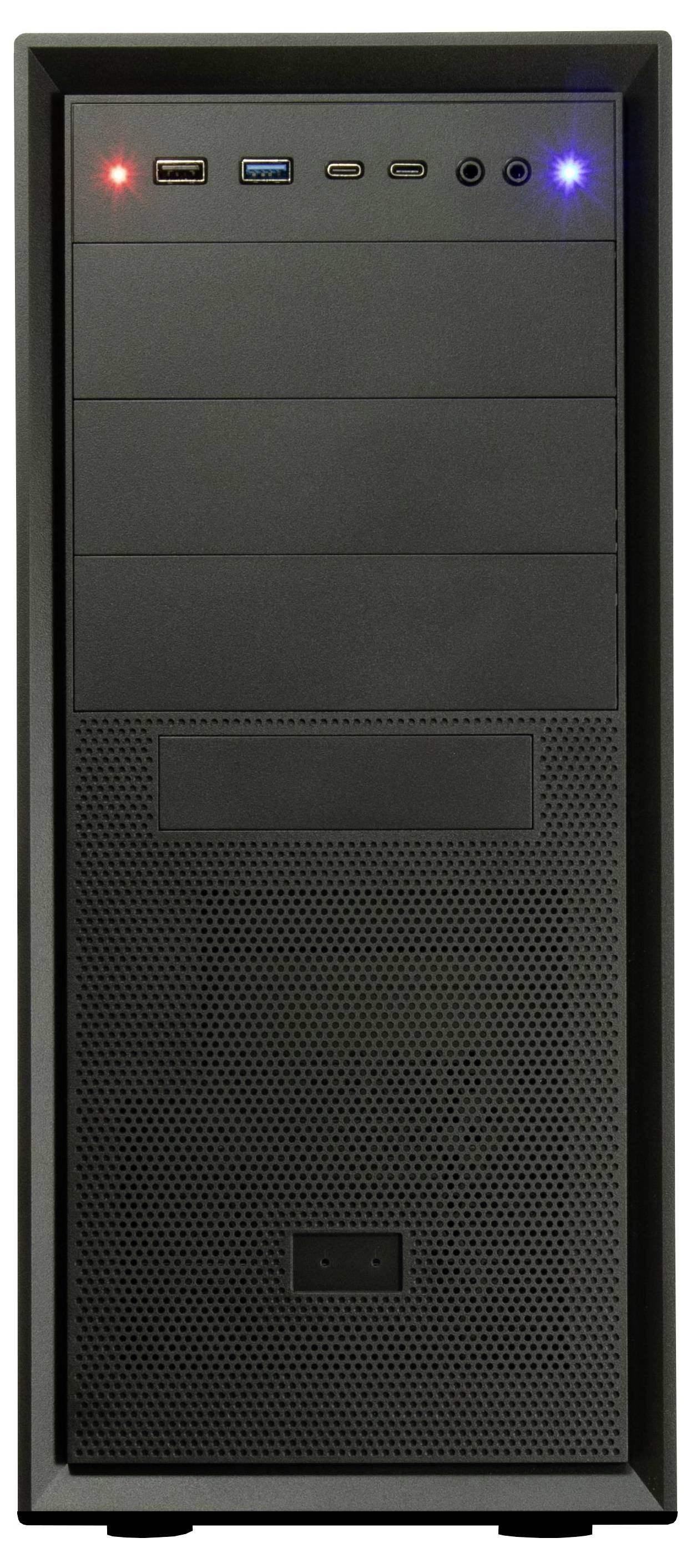 Ein schwarzer Desktop-Computerturm mit mehreren Anschlüssen auf der vorderen Oberseite, darunter USB- und Audioports, mit roten und blauen Kontrollleuchten.