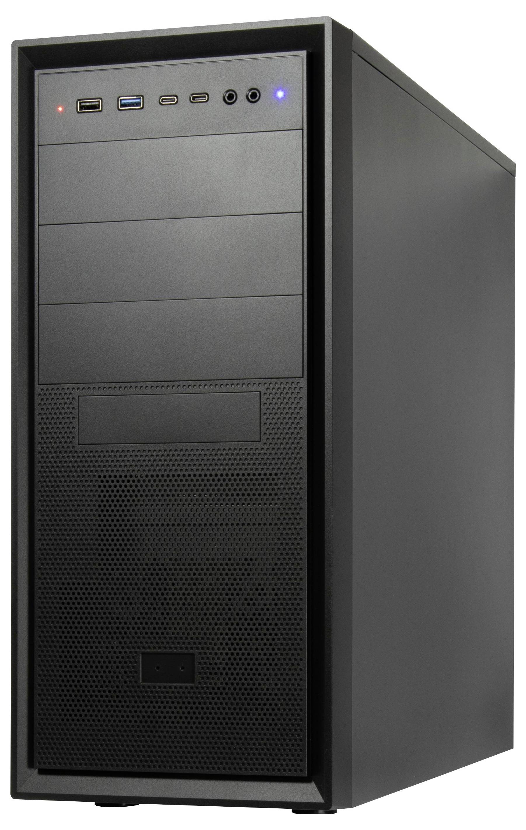 Ein schwarzer Desktop-Computerturm mit mehreren Anschlüssen und Tasten auf der Frontplatte für USB, Audio und Energiefunktionen.