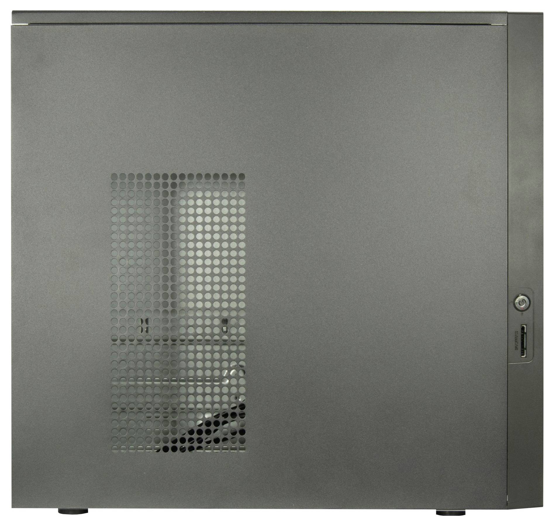 Eine Seitenansicht eines schwarzen Computergehäuses mit einem Lüftungsgitter, das die internen Komponenten sichtbar macht.