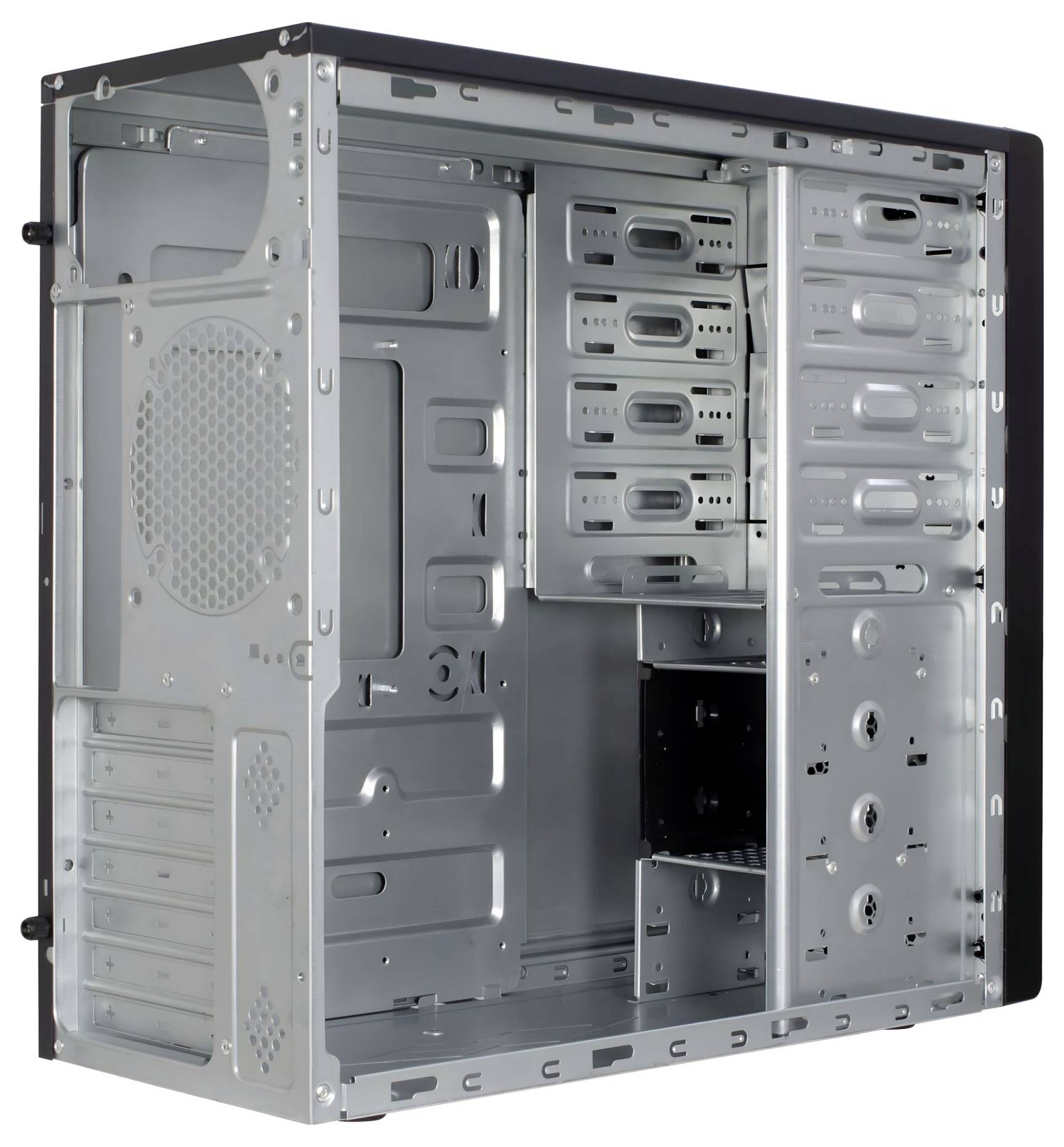 Ein silberfarbenes Computer-Tower-Gehäuse ohne Komponenten, das mehrere Laufwerkschächte und Steckplätze für Hardwareinstallation zeigt.