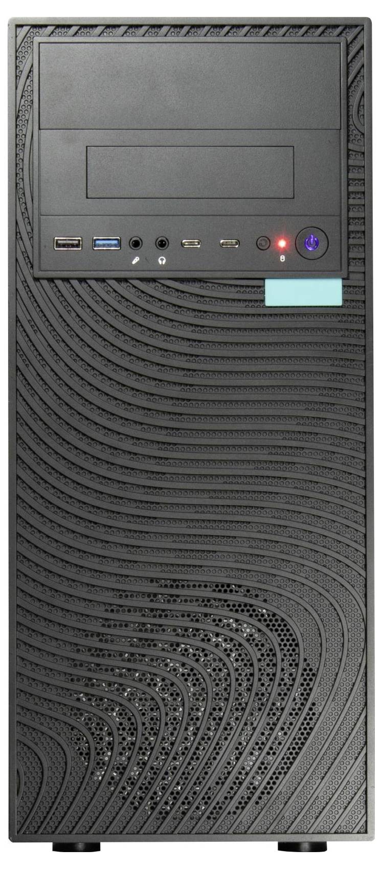 Ein schwarzer Computerturm mit einer gemusterten Frontplatte. Er verfügt über mehrere USB-Anschlüsse, einen Einschaltknopf und einen CD/DVD-Laufwerksschlitz.