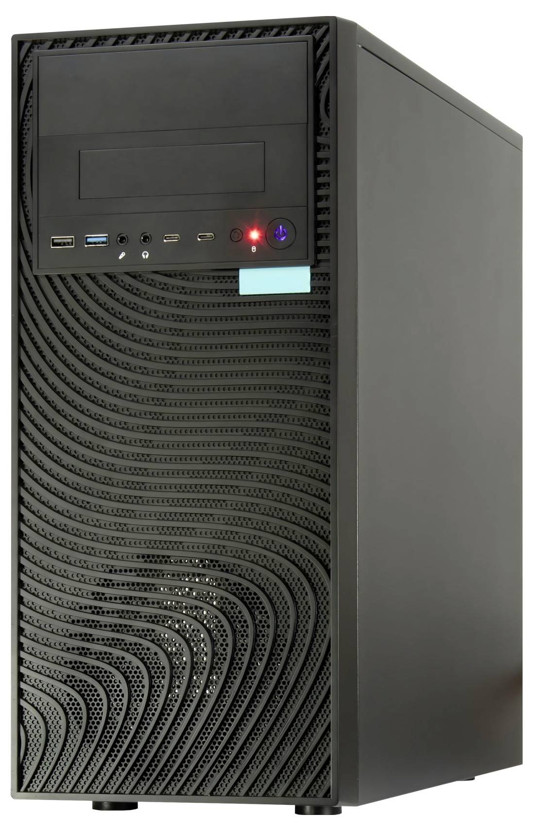 Ein schwarzer Desktop-Computerturm mit USB-Anschlüssen an der Vorderseite und einem Einschaltknopf, der sich auf dem vorderen oberen Bedienfeld befindet. Das Design ist minimalistisch.