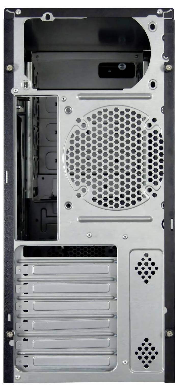 Das Bild zeigt die Rückseite eines Computergehäuses mit mehreren Erweiterungsslots, einem Lüftergitter und Bereichen für Eingabe-/Ausgabeanschlüsse.