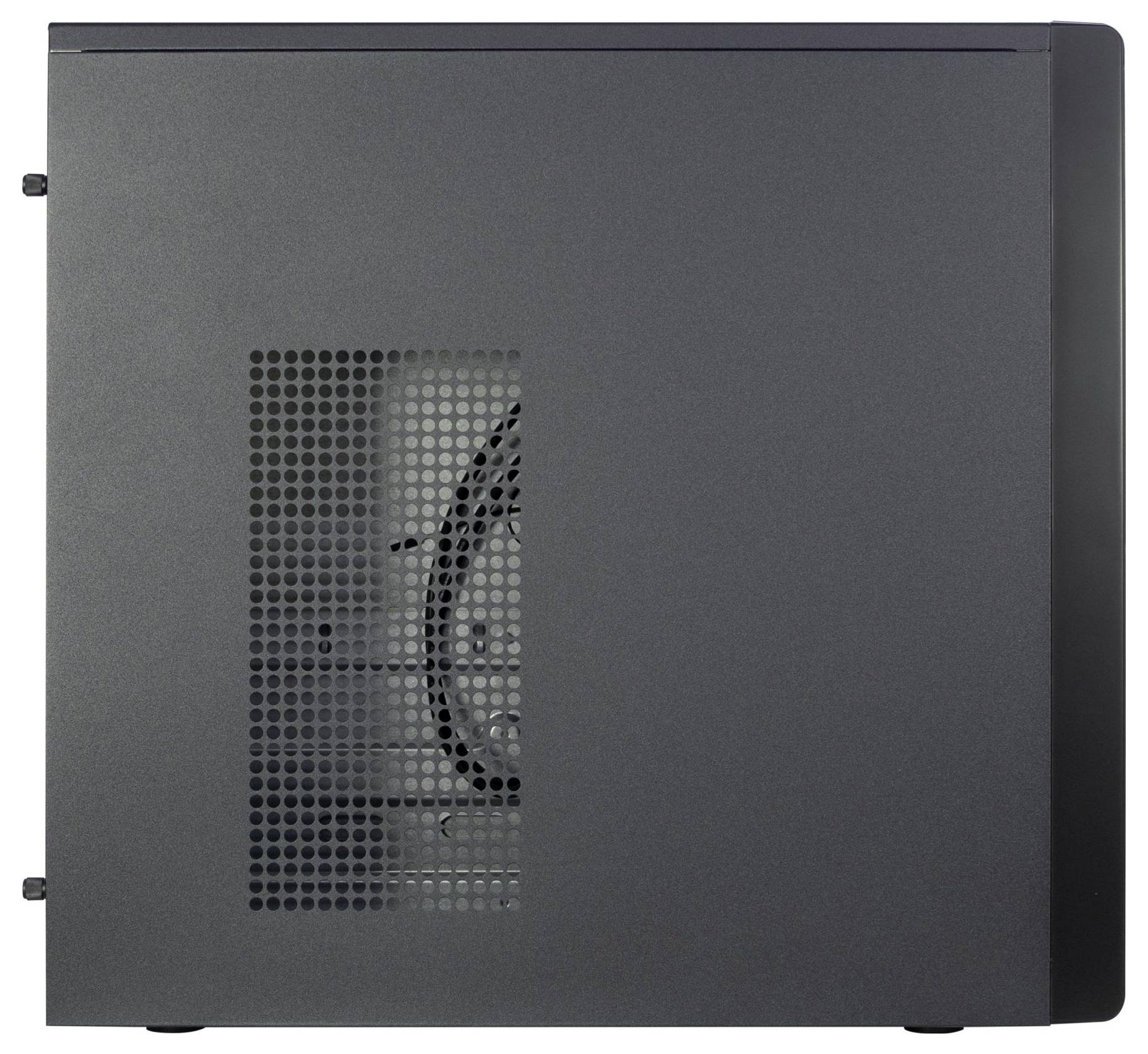 Ein schwarzes Computergehäuse mit einem Meshpanel, das Innenkomponenten sichtbar macht und dabei die Kühl- und Belüftungseigenschaften betont.