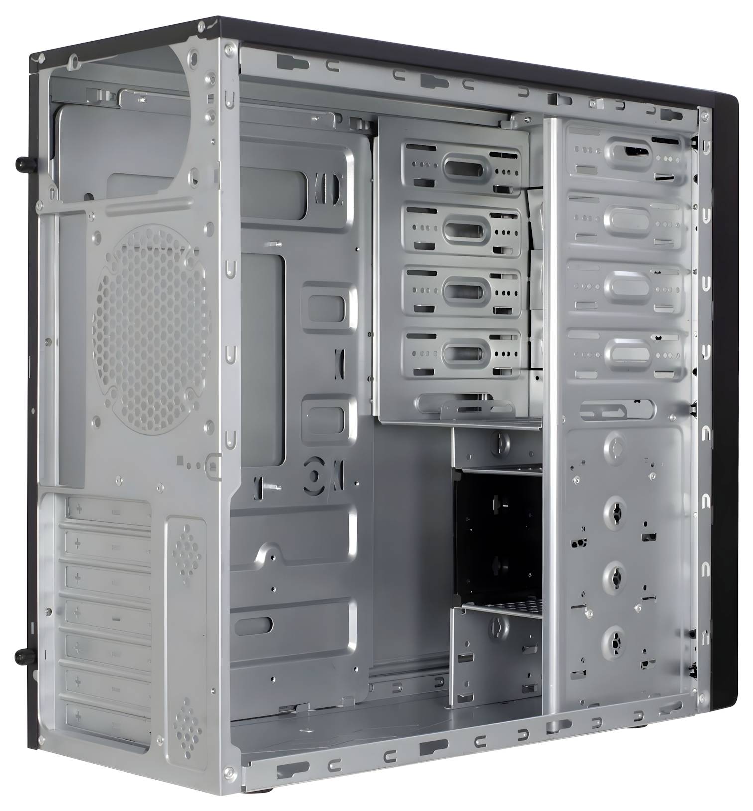 Leerer Computer-Gehäuseturm, der den metallischen Rahmen und verschiedene Steckplätze für Komponenten zeigt, einschließlich Laufwerken und Mainboard, mit entfernter Seitenwand.