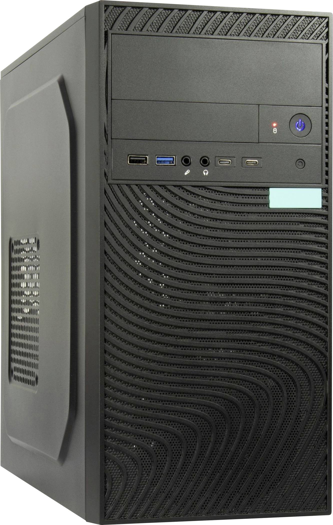 Ein schwarzer Computer-Tower mit USB-Anschlüssen, Kopfhörerbuchse und Einschaltknopf, die prominent auf dem Frontpanel dargestellt sind.