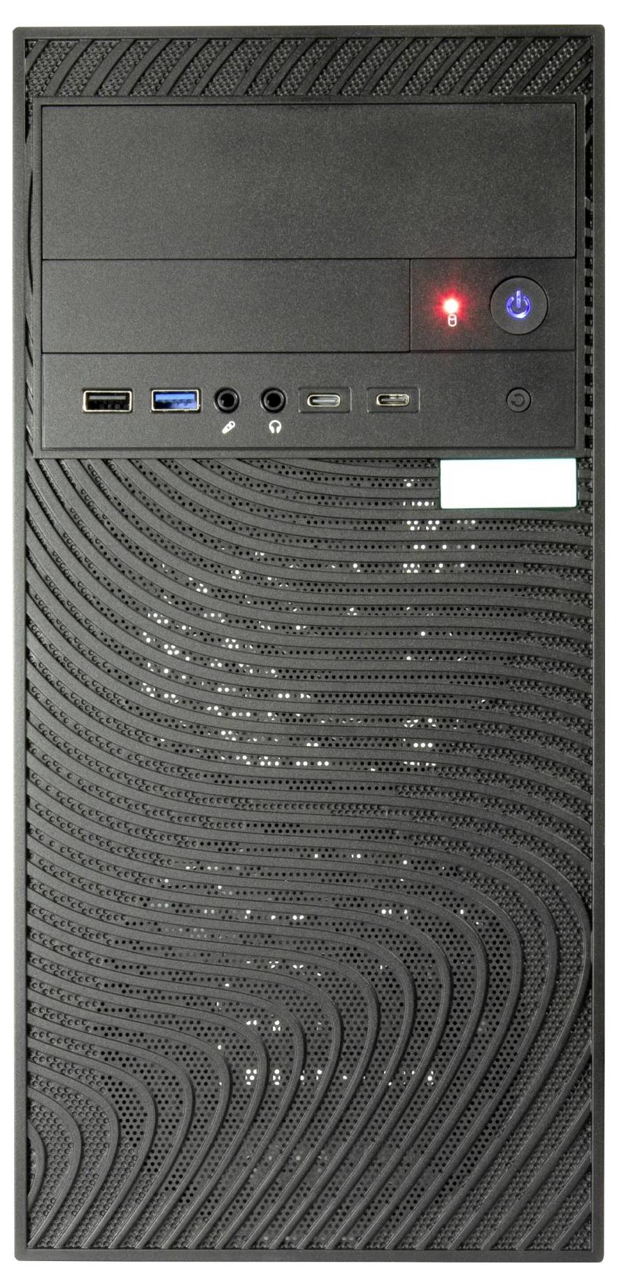 Tower-Computergehäuse mit USB-Anschlüssen, Audioports und Einschaltknopf auf der Frontplatte. Schwarz mit Wellenmuster-Design.