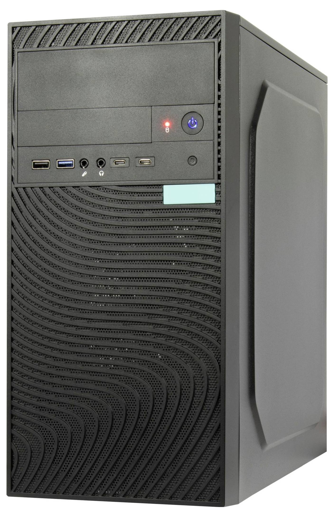 Ein schwarzer Desktop-Computerturm mit einer strukturierten Frontplatte, Einschaltknopf, USB-Anschlüssen und einer blauen Statusanzeige an der Vorderseite.