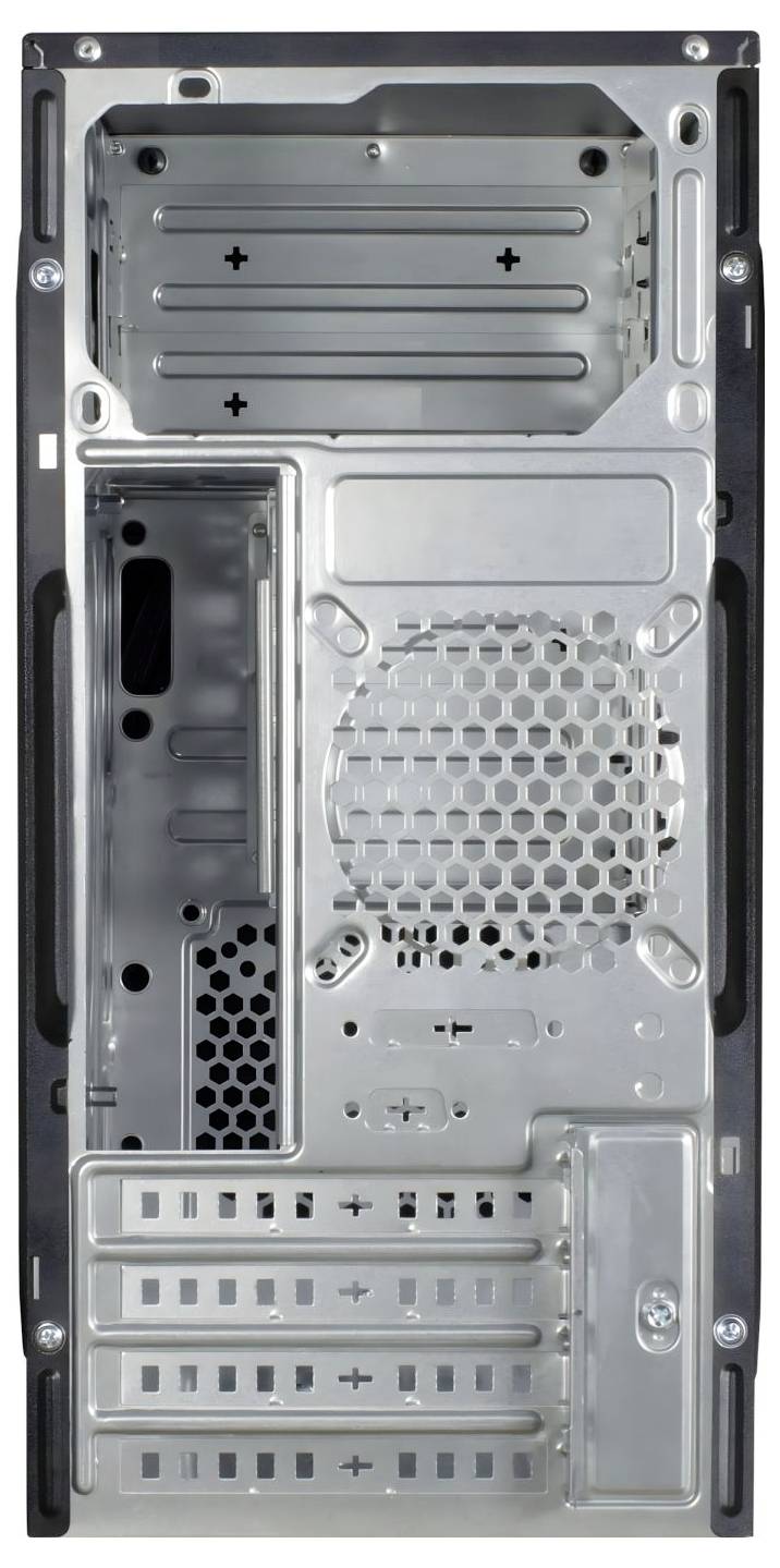 Rückansicht eines Computergehäuses mit leeren Steckplätzen und Lüftungsschlitzen, geeignet für ATX-Mainboards und zusätzliche Komponenten.