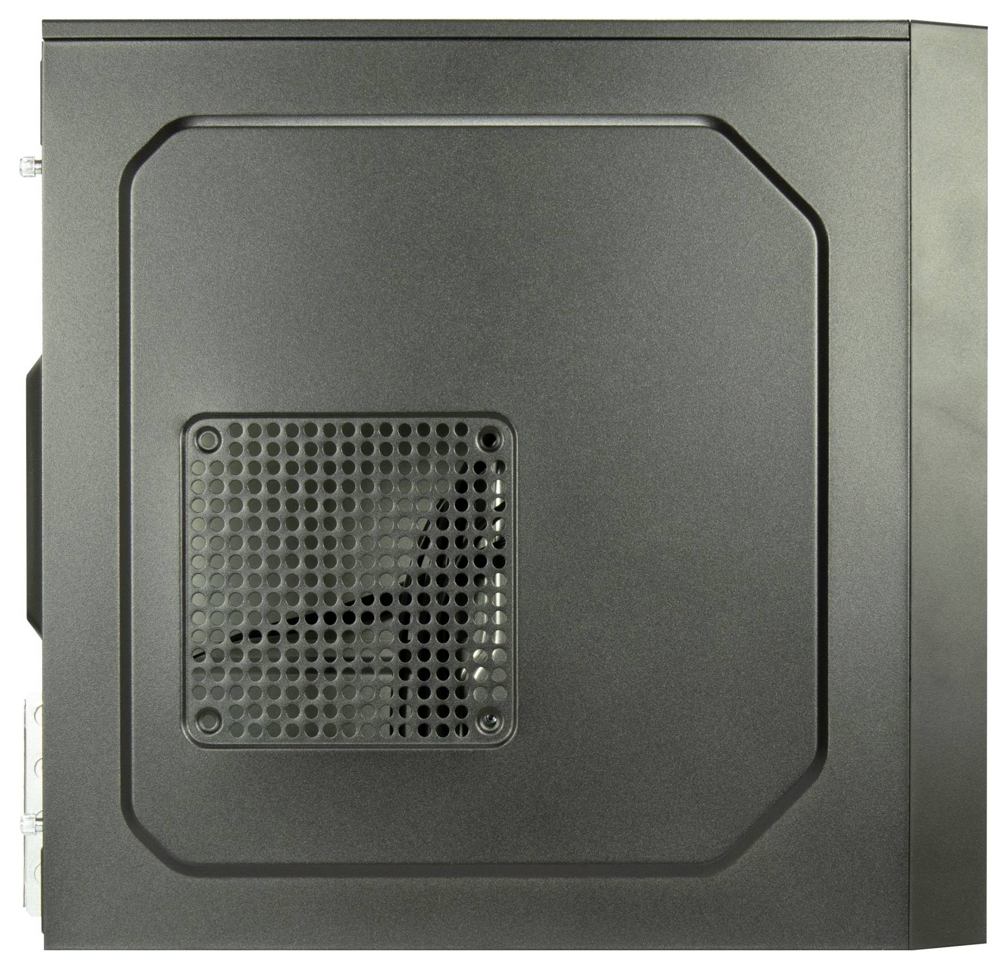 Ein schwarzes Computergehäuse-Seitenpanel mit einer Lüftungsblende.