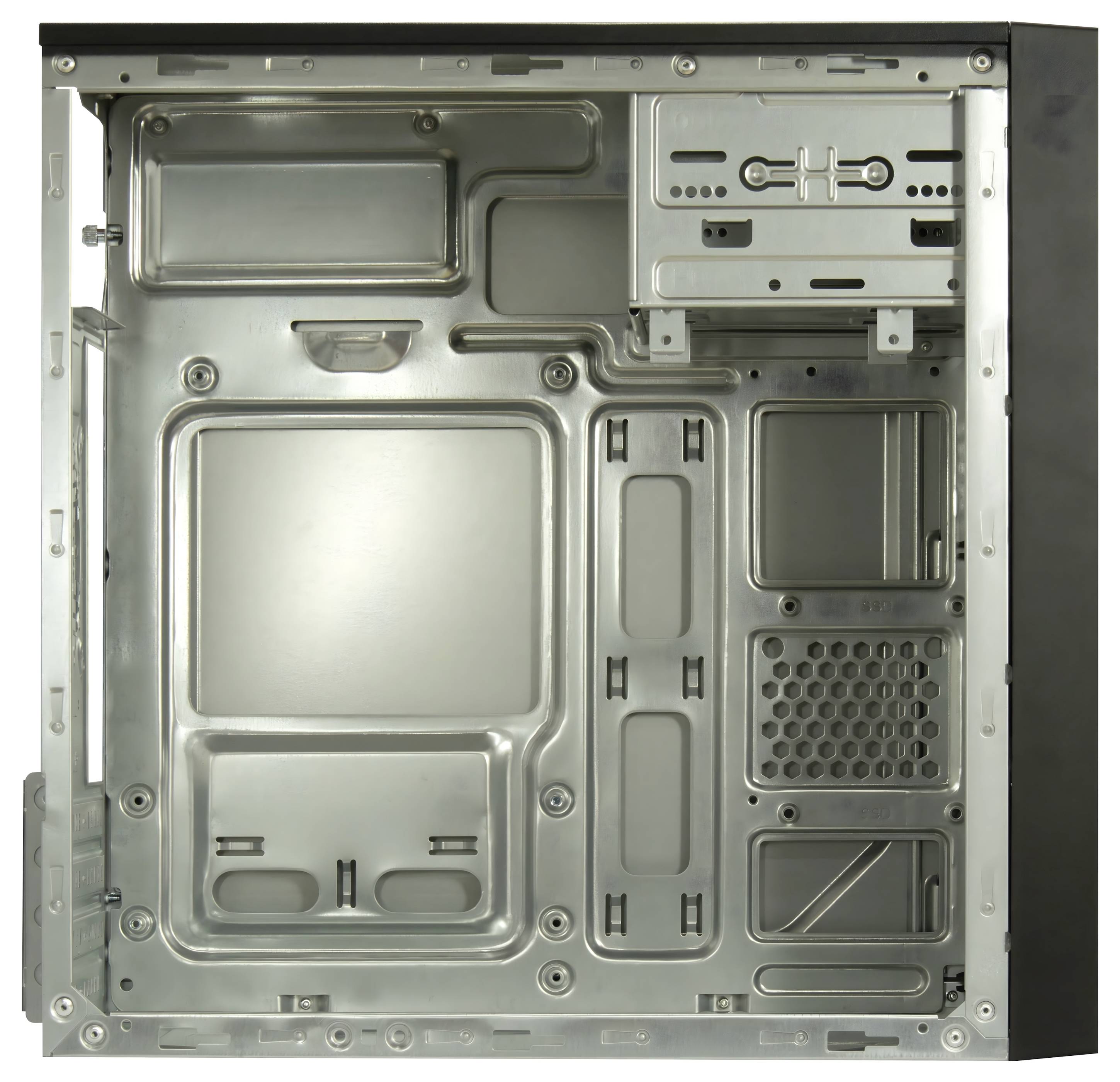 Inneres Ansicht eines Computergehäuses mit Metallrahmen. Enthält Montageöffnungen und Einbauschächte für Komponenten wie Motherboard und Laufwerke.