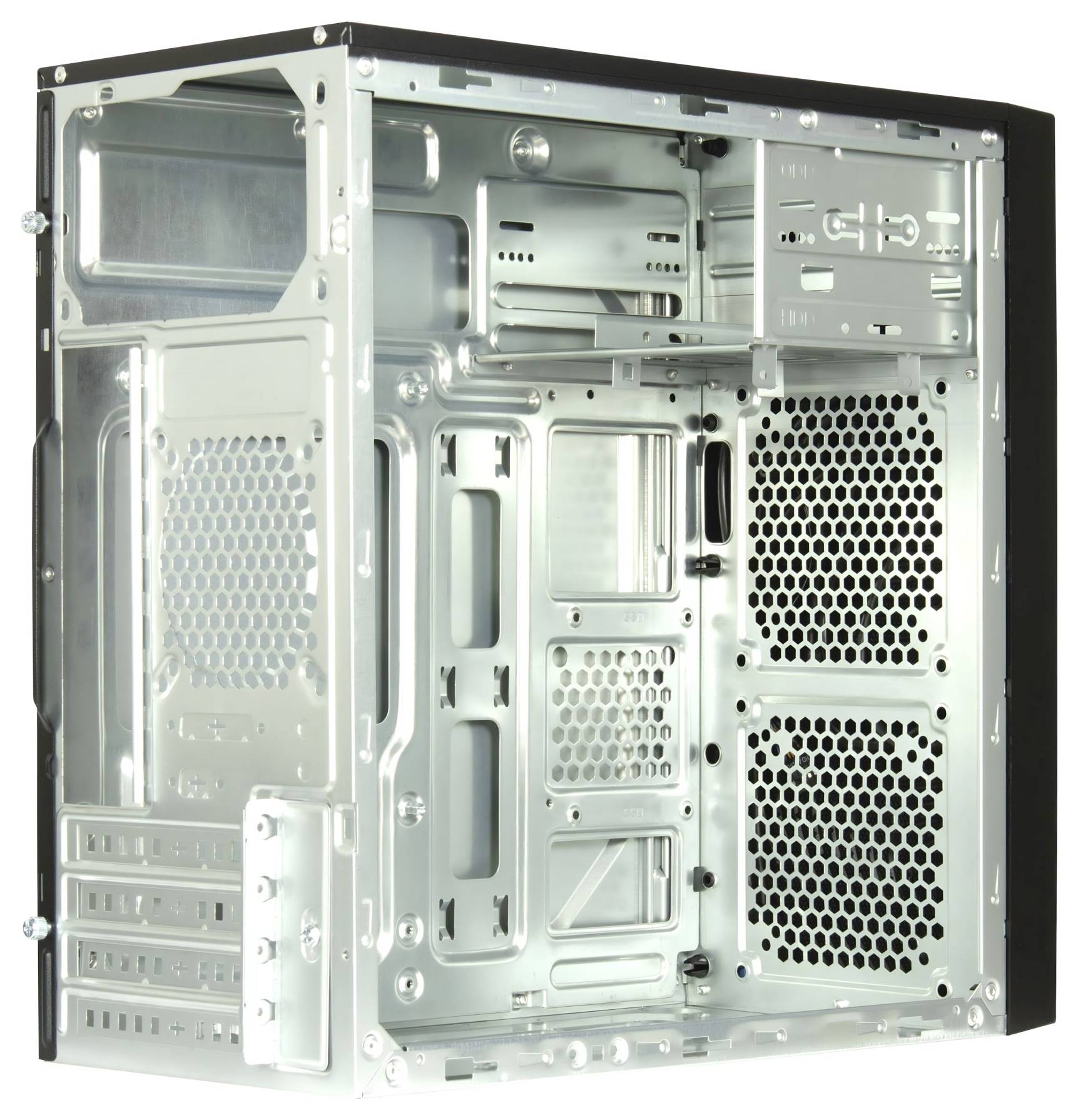 Ein offenes, leeres Computergehäuse, das die interne Metallstruktur und Steckplätze für Komponenten wie Motherboard, Netzteil und Laufwerke zeigt.