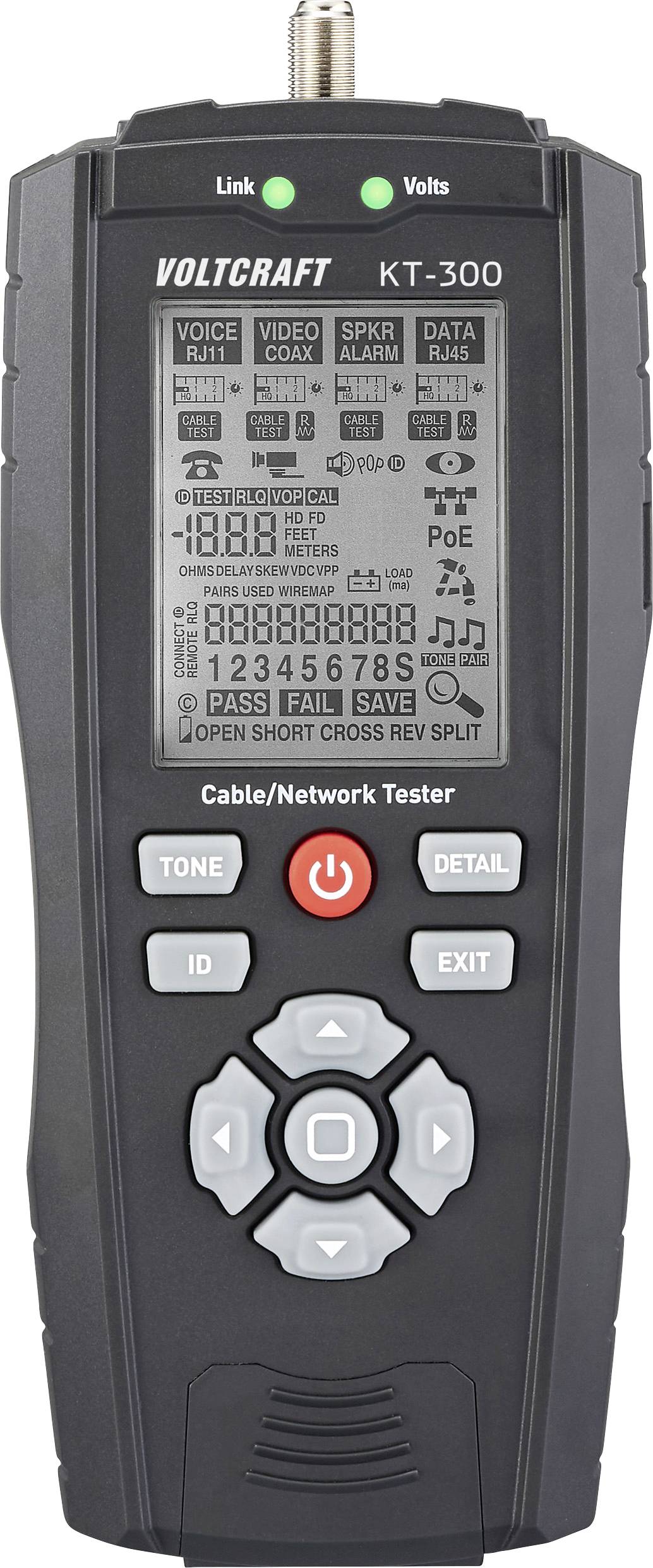 Kabel-/Netzwerk-Testgerät mit Display, das verschiedene Verbindungsstatus anzeigt, Schaltflächensteuerungen zum Testen von Netzwerk- und Kabelfunktionen.