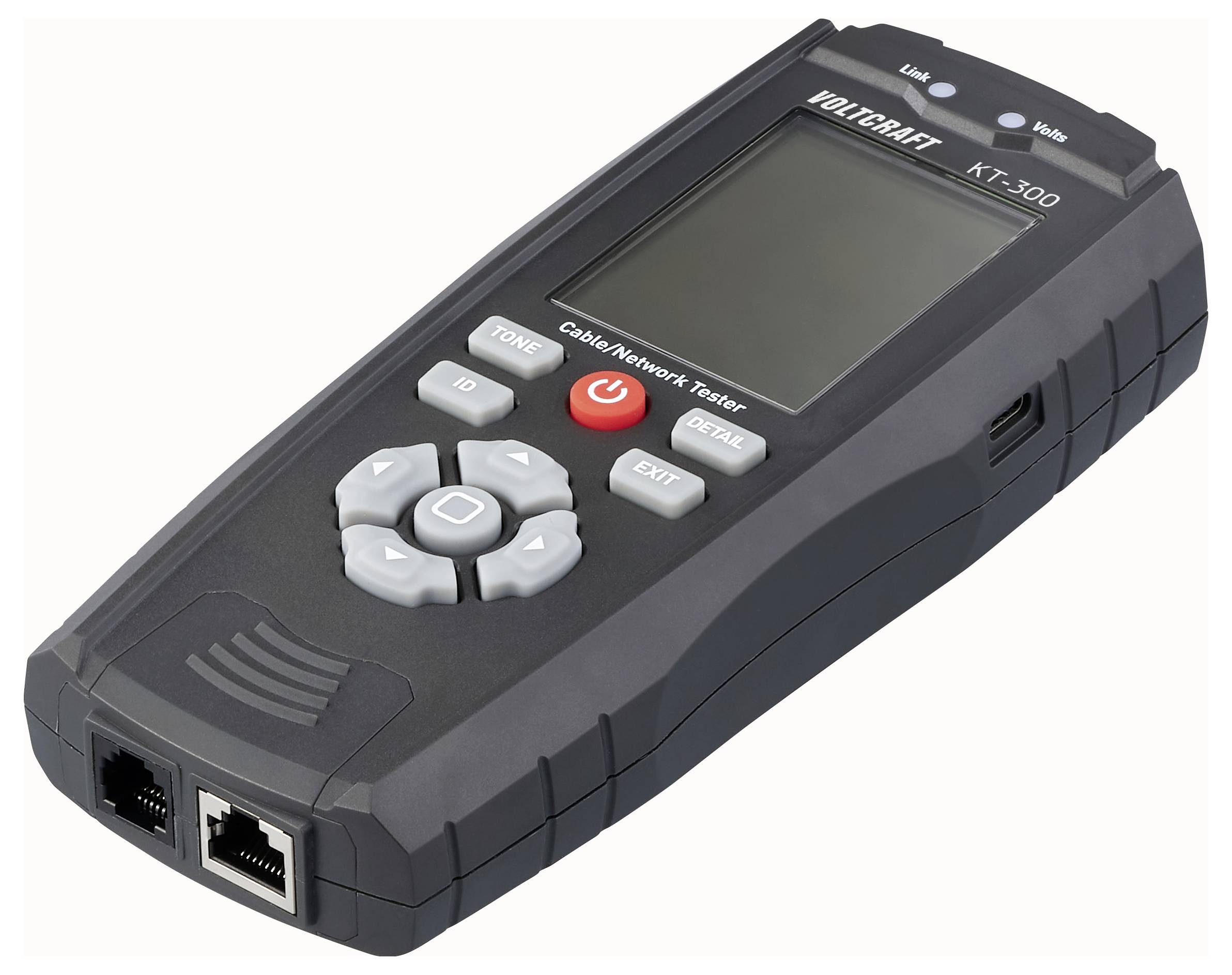 Ein tragbarer Kabelnetzwerk-Tester mit verschiedenen Tasten, die mit „Tone