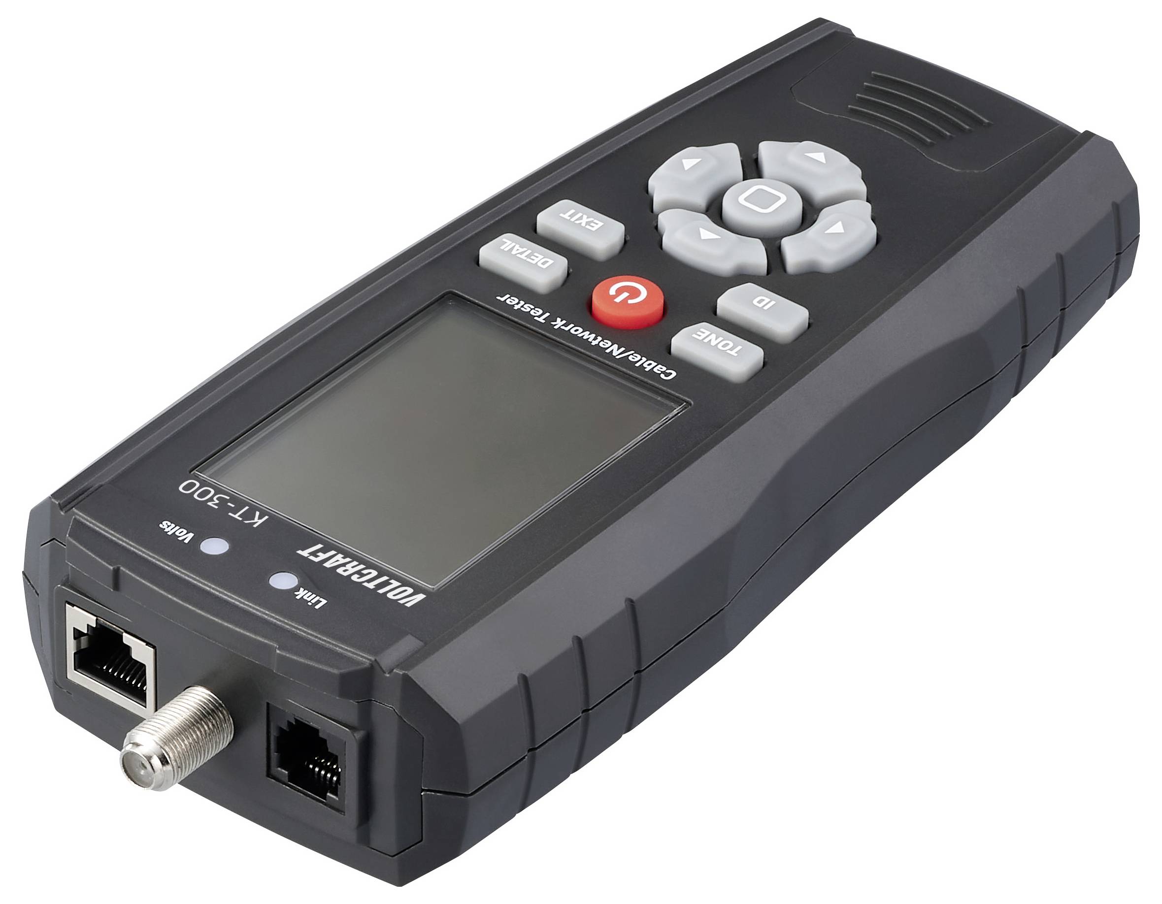 Kabel-/Netzwerk-Testgerät mit Tasten, kleinem Bildschirm und Anschlüssen zum Anschließen von Kabeln, das zur Diagnose von Konnektivitätsproblemen verwendet wird.