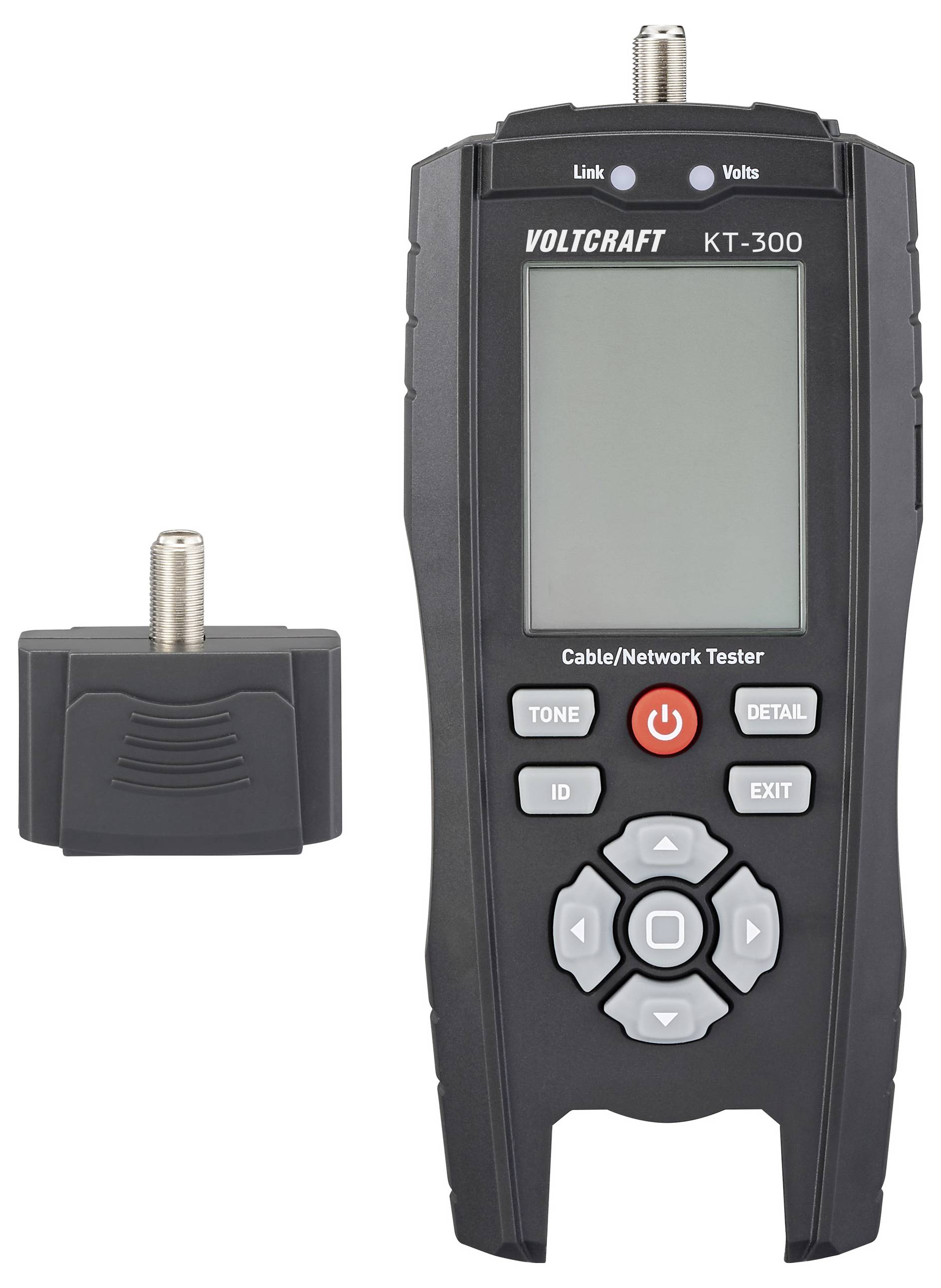 Ein Voltcraft KT-300 Kabel-/Netzwerktester mit einem kleinen separierten Komponententeil daneben. Das Testgerät zeigt Optionen wie 