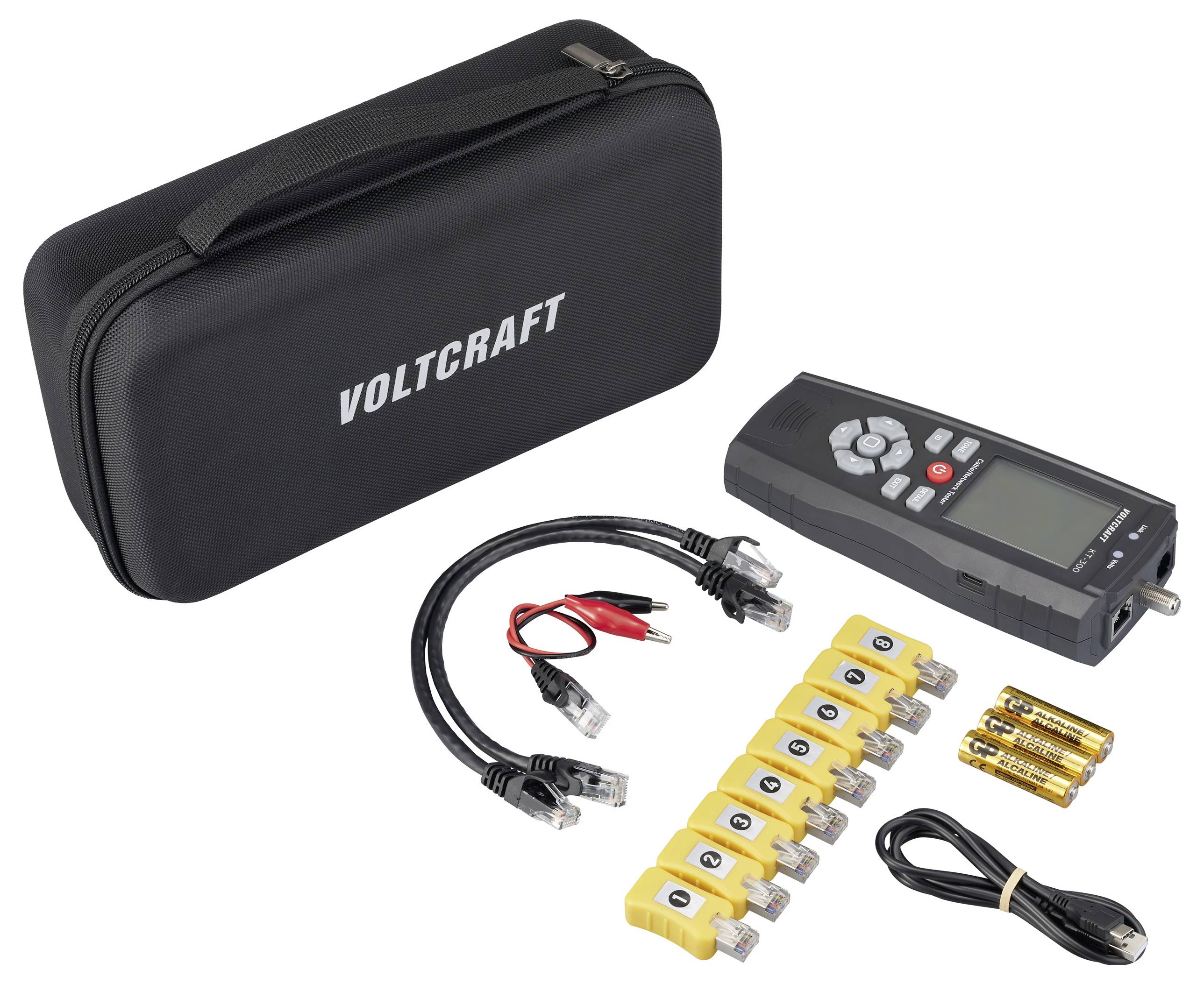 'Voltcraft' Koffer mit einem Kabeltester, Netzwerktestern, Kabeln und Batterien, angeordnet zur einfachen Erkennung und Verwendung.