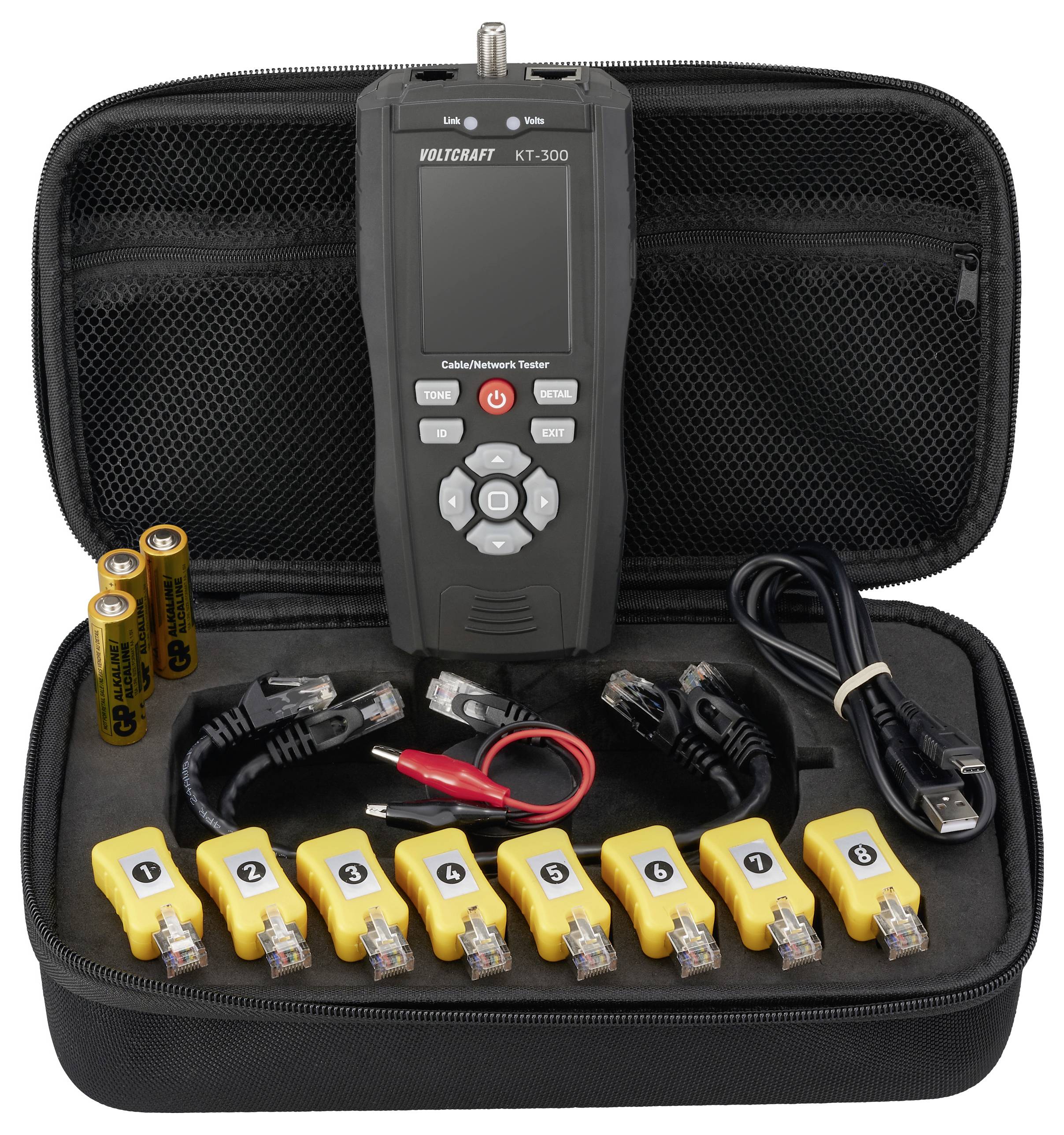 Netzwerkkabel-Testgerät-Set in einem schwarzen Koffer, bestehend aus einem Hauptgerät, acht gelben Steckverbindern, USB-Kabel, zwei Batterien und Kabeln.