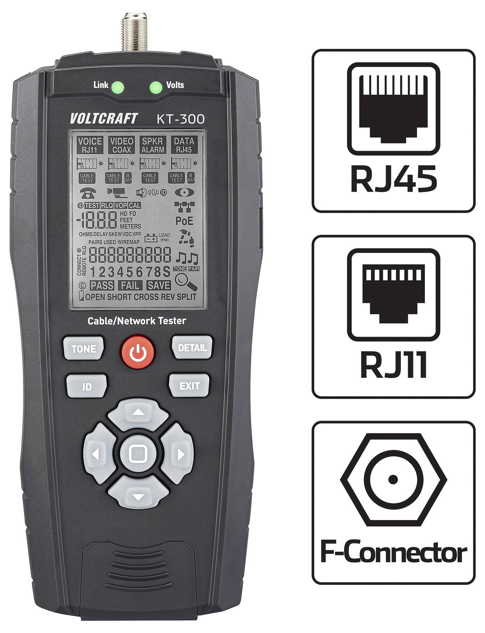 Ein schwarzes Netzwerkkabeltestgerät mit der Bezeichnung „VOLTCRAFT KT-300