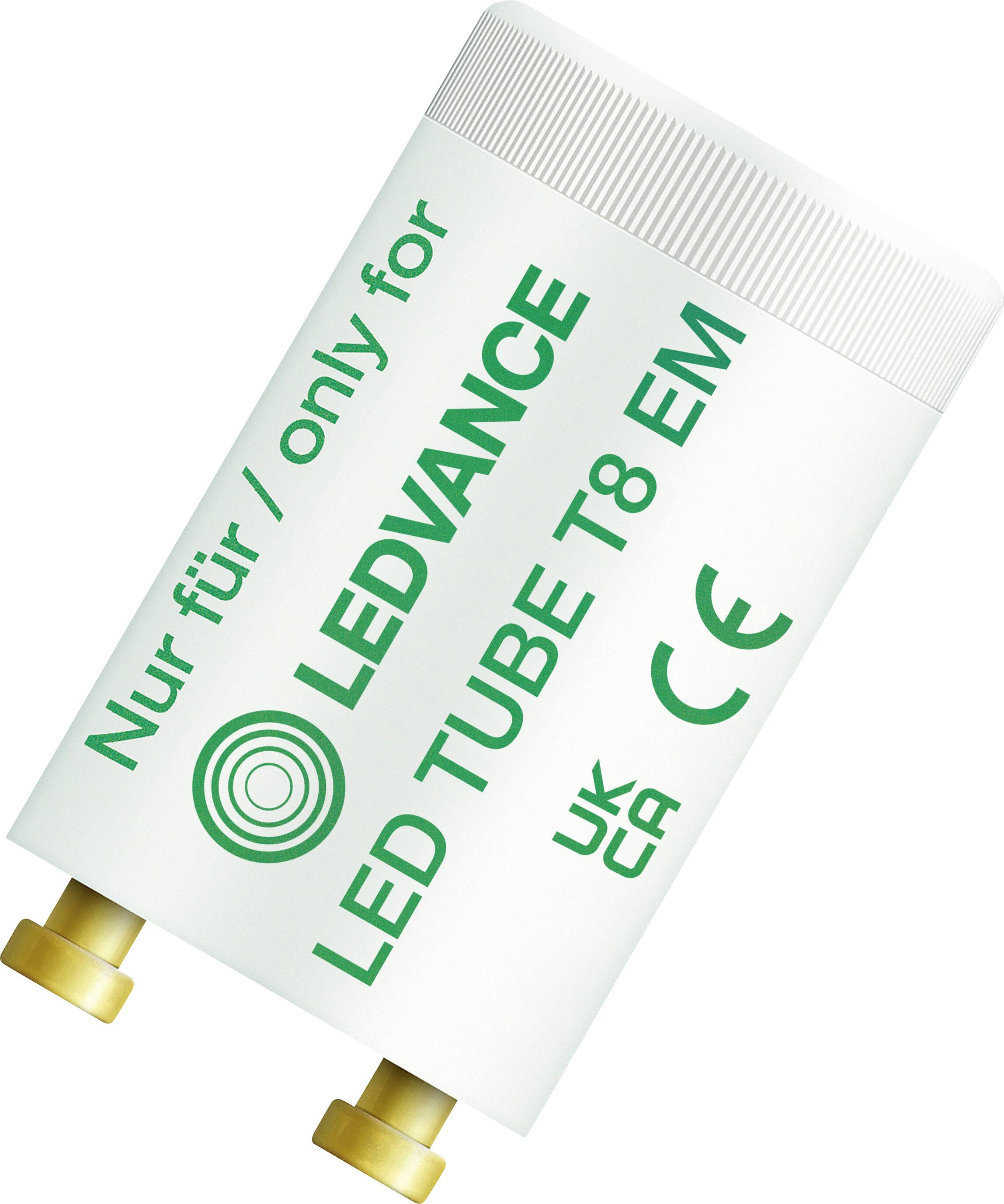 LED-Röhren-Starter mit Text 'Nur für / only for LEDVANCE LED TUBE T8 EM', inklusive UKCA- und CE-Kennzeichnungen, geeignet für LED-Röhren-Installationen.