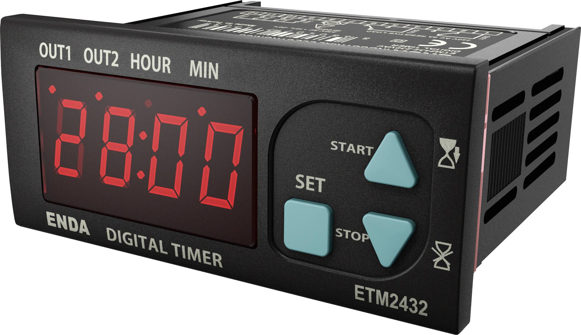 'ENDA DIGITAL TIMER ETM2432' mit einer roten LED-Anzeige, die '88:88' zeigt. Blaue Tasten mit den Beschriftungen 'SET', 'START' und 'STOP'.