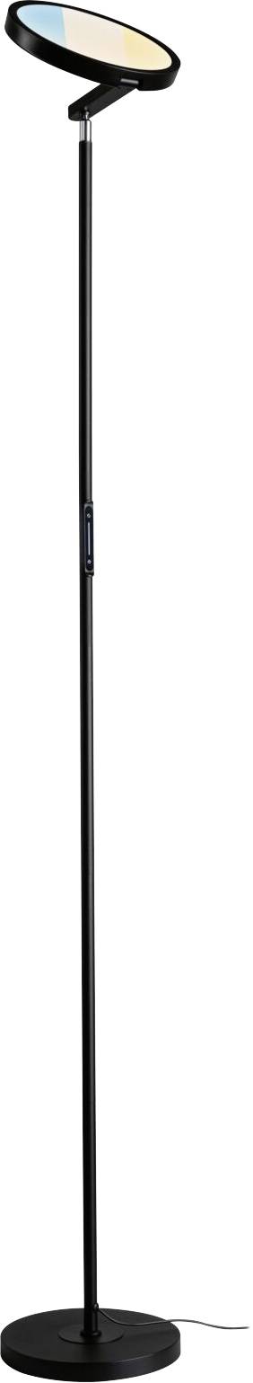 Hohe, schwarze Stehlampe mit einer runden Basis und einem verstellbaren Kopf, die weiches, warmes Licht ausstrahlt.