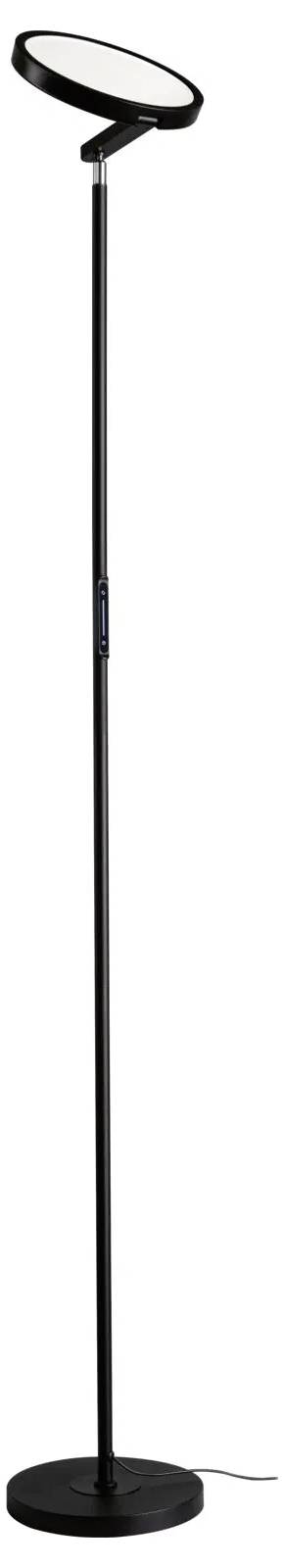 Eine hohe, moderne schwarze Stehlampe mit einem verstellbaren runden Kopf, konzipiert für Innenbeleuchtung.