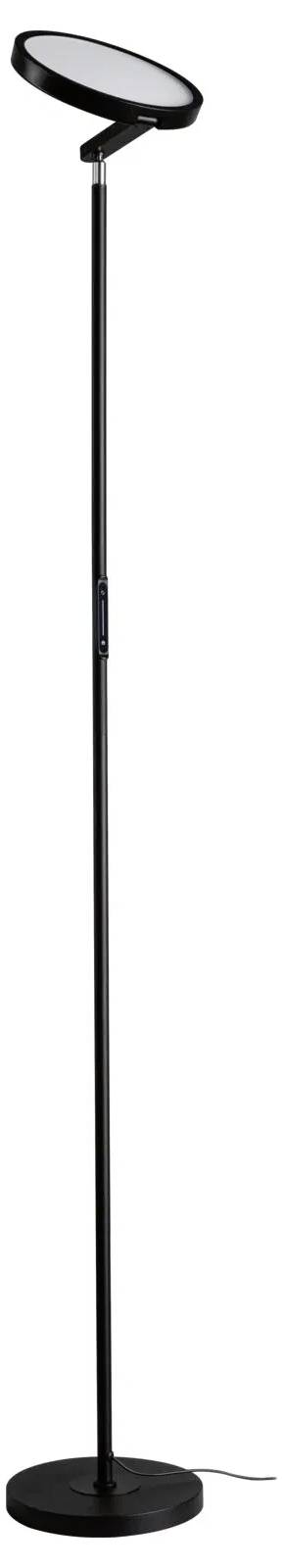 Eine elegante schwarze Stehlampe mit rundem Fuß und verstellbarem Kopf, konzipiert für effiziente, moderne Beleuchtung in Wohn- und Büroräumen.