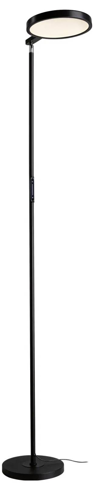 Eine hohe, schlanke schwarze Stehlampe mit einem kreisförmigen verstellbaren Licht am oberen Ende, die für moderne Innenräume konzipiert ist.