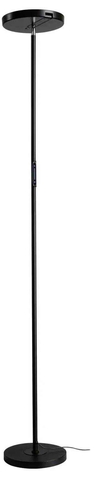 Eine hohe, schwarze Stehlampe mit einer kreisförmigen Basis und einem Lampenschirm, ausgestattet mit einem schlanken, verstellbaren Schaft und einem Netzkabel an der Basis.