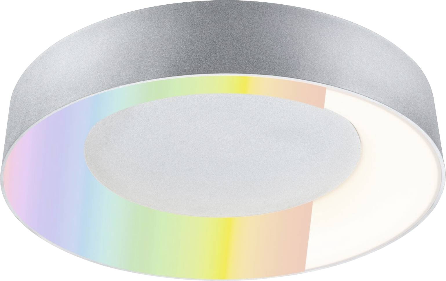 Eine kreisförmige Deckenleuchte mit metallischem Rand weist auf der Unterseite einen regenbogenfarbenen Verlauf auf, der einen subtilen Spektraleffekt erzeugt.