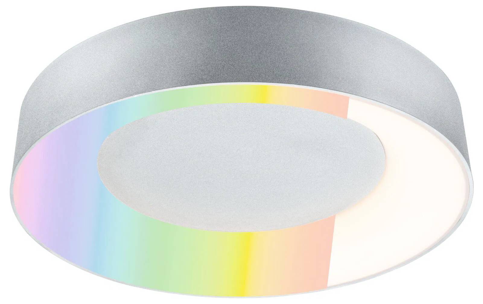 Deckenleuchte mit rundem, metallischem Rahmen, der ein Farbspektrum am Rand zeigt und Regenbogenfarben nahtlos ineinander übergehen lässt.