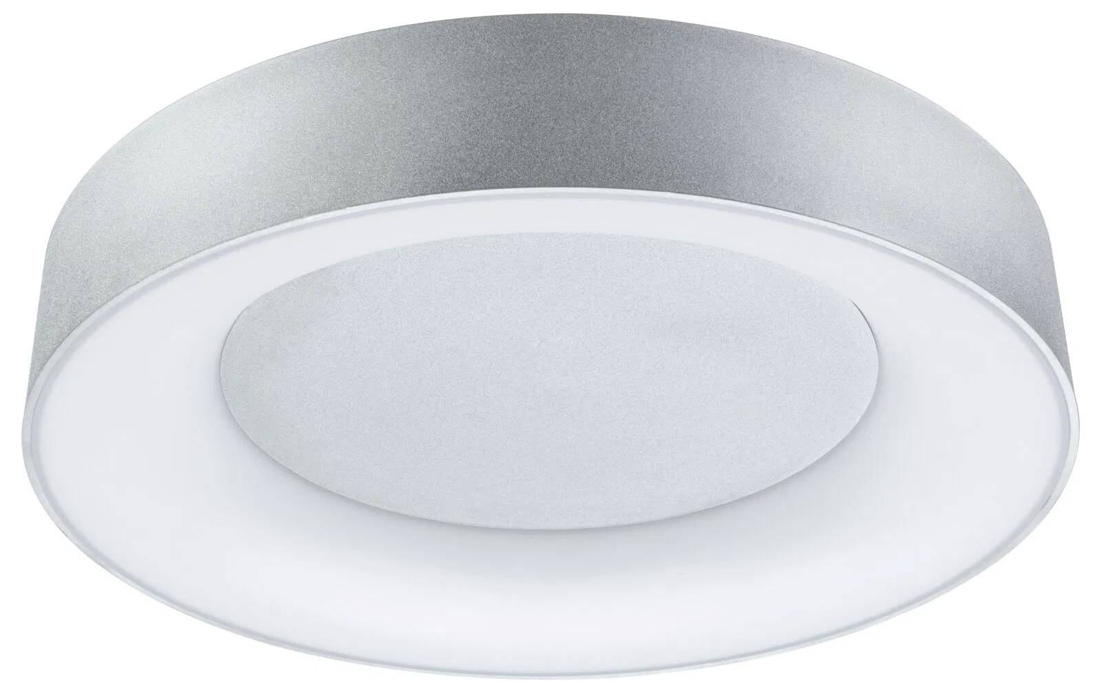 Eine kreisförmige LED-Deckenleuchte mit elegantem, metallenem Finish und einer zentralen, weißen transluzenten Abdeckung für gleichmäßige Lichtverteilung.