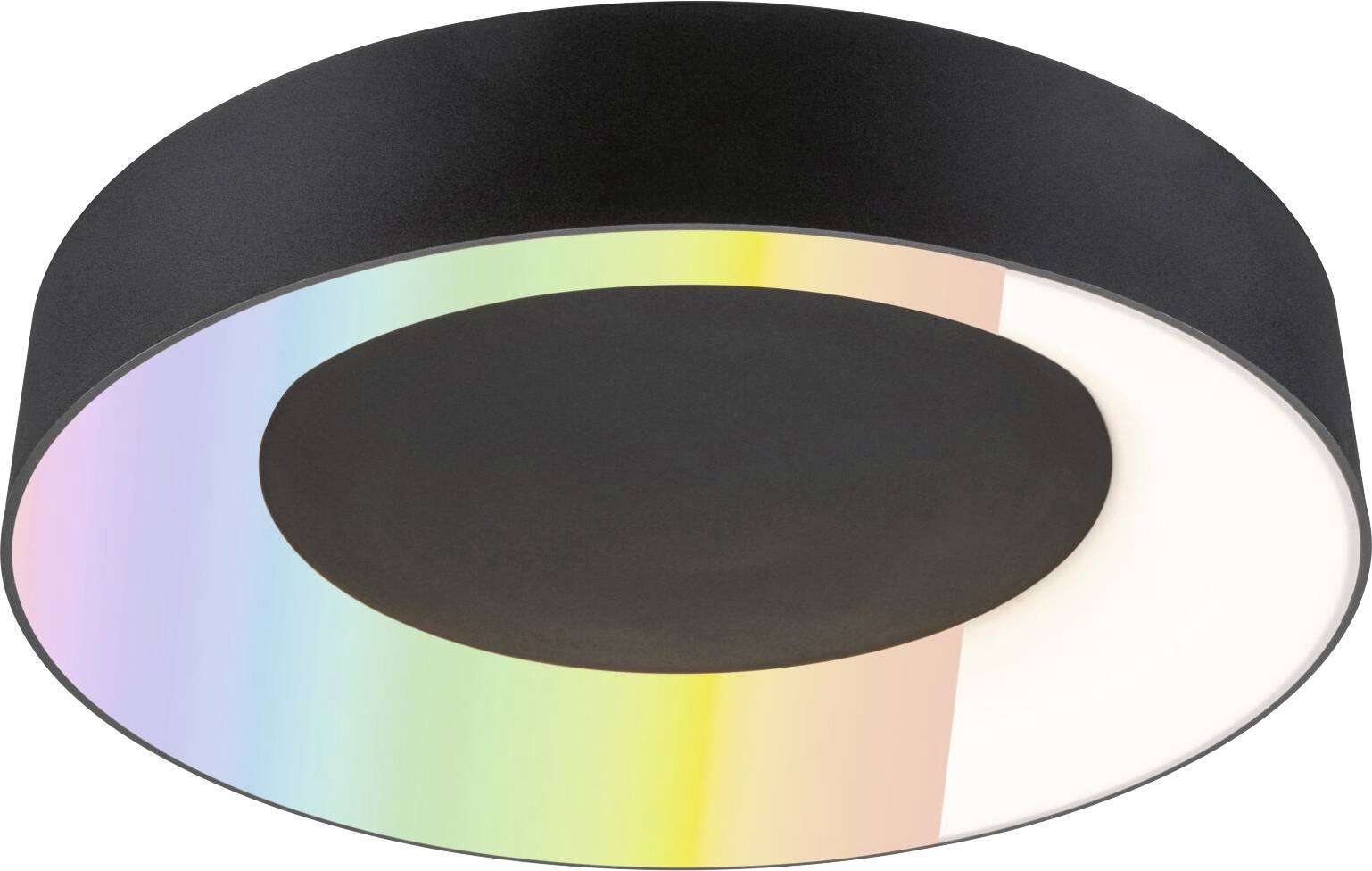 Eine runde Deckenleuchte mit schwarzem Äußeren und einer regenbogenfarbig leuchtenden Kante.