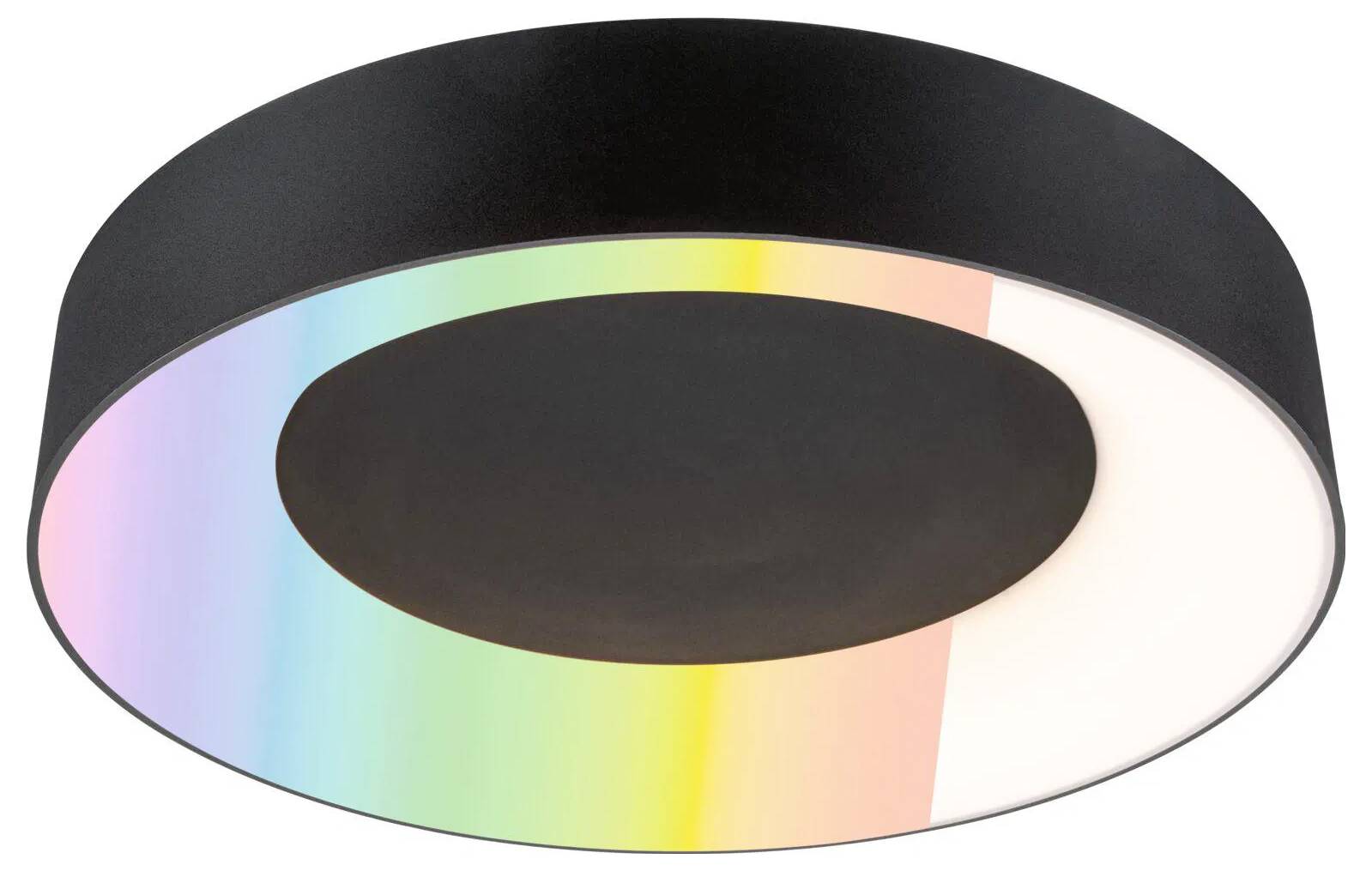 Deckenleuchte mit rundem Design, die einen eleganten schwarzen Außenbereich aufweist und an ihrem Rand einen Regenbogen-Farbverlauf besitzt, der einen farbenfrohen Akzent setzt.