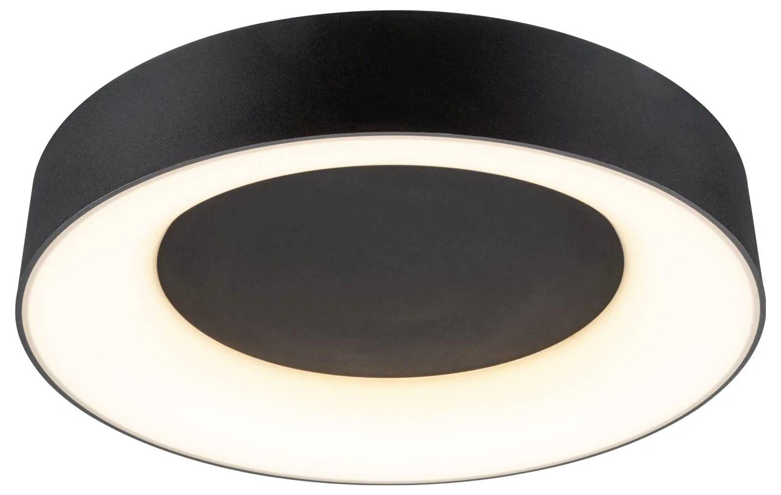 Eine runde, schwarze Deckenleuchte mit leuchtend weißen Kanten, konzipiert zur Schaffung von Ambienteleuchtung in modernen Innenräumen.