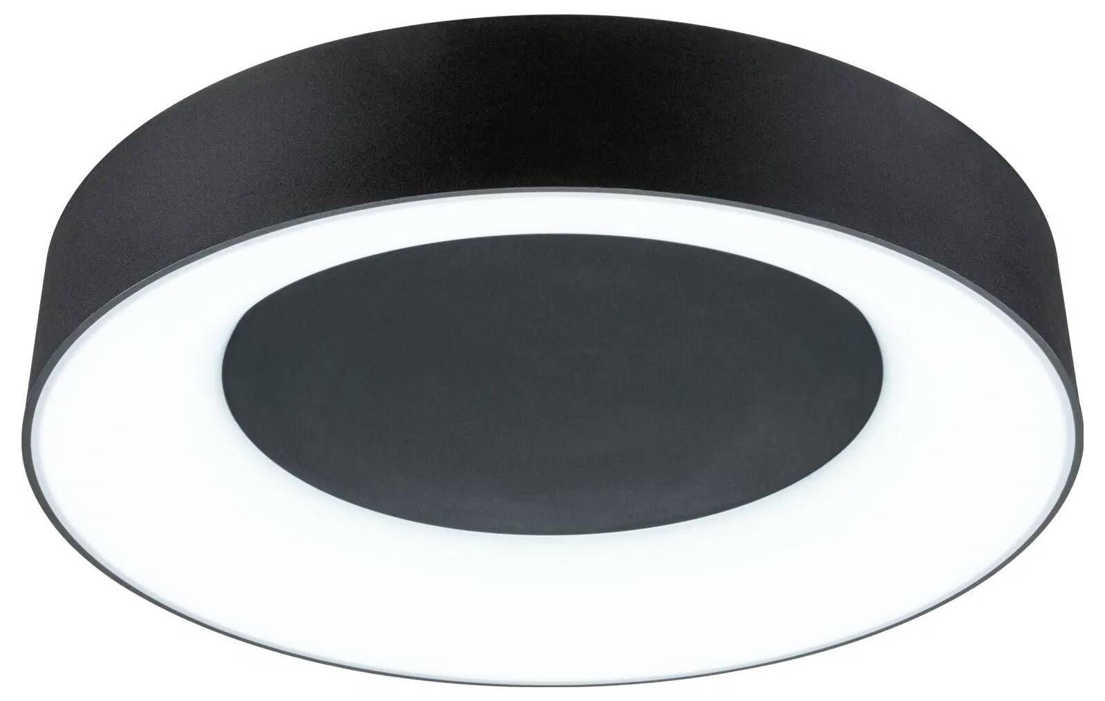 Eine kreisförmige schwarze Deckenleuchte mit einem zentral leuchtenden weißen Licht.