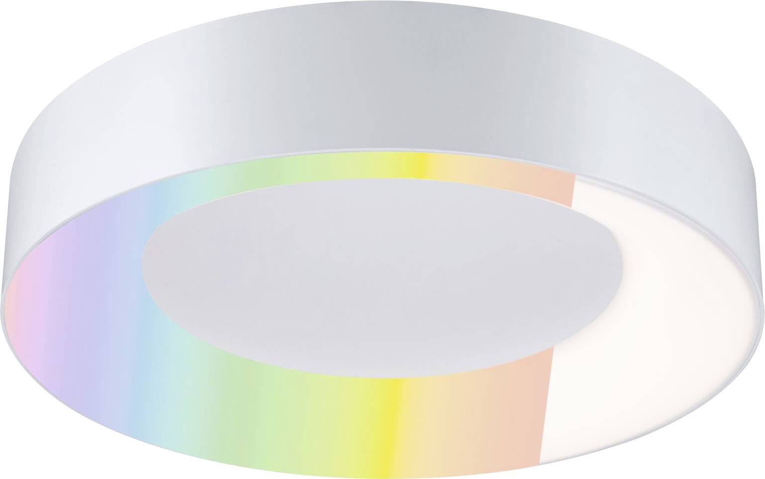 Eine kreisförmige Deckenleuchte mit elegantem weißem Design und einem Regenbogen-Farbverlauf-Akzent auf einer Seite.